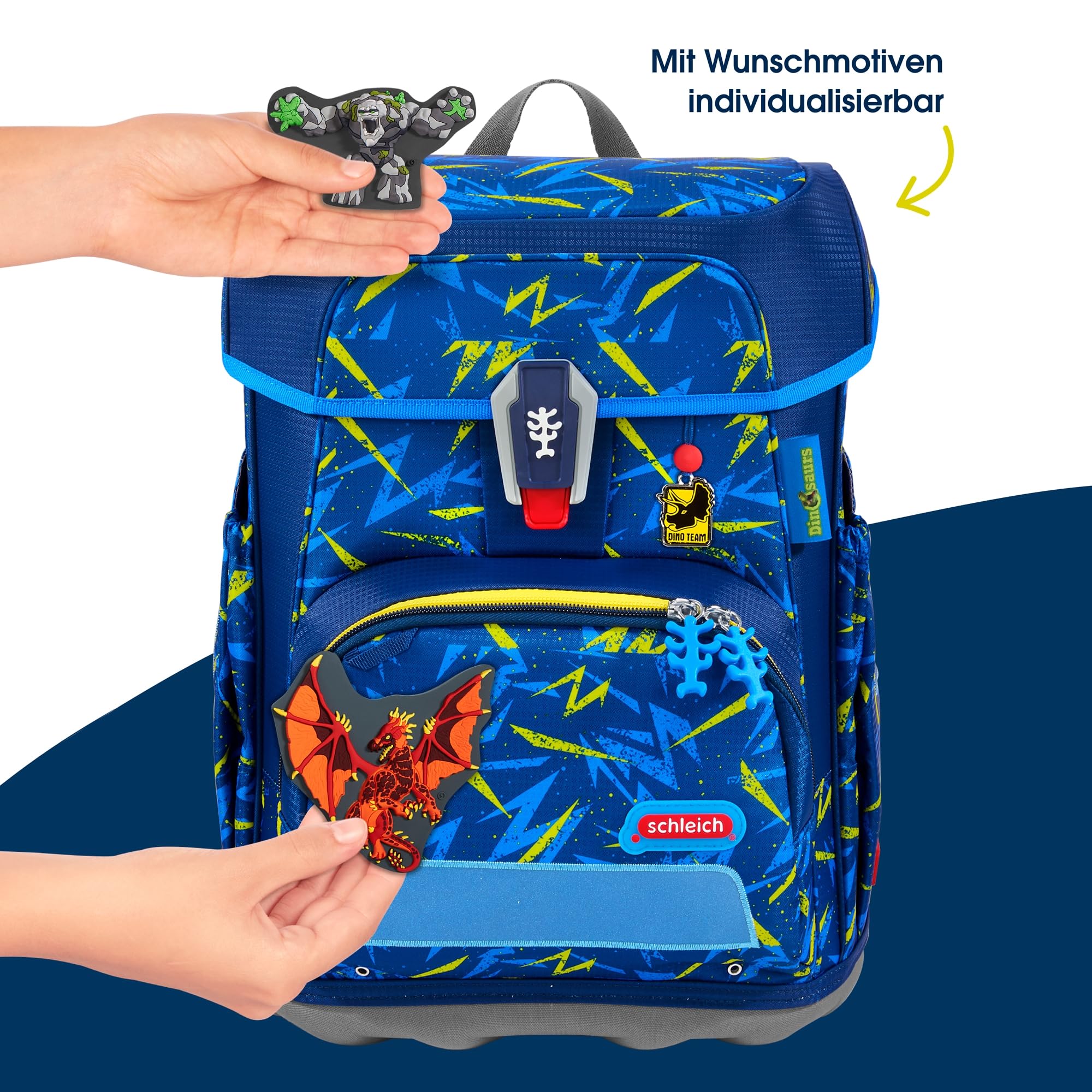 Step by Step Juego de mochila escolar Cloud de 5 piezas, macuto ergonómico con reflectores, altura regulable con cinturón fácil para niños a partir de 1ª clase, 19 l, Triceratops - Azul-amarillo