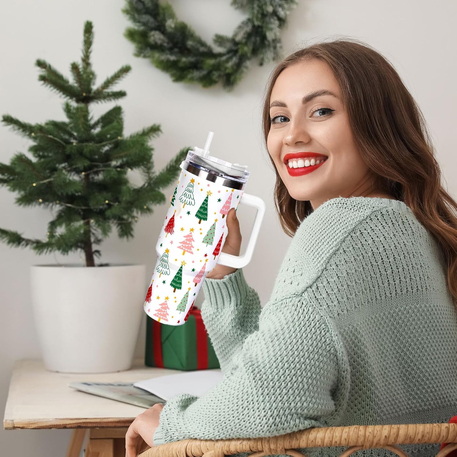 Whaline 40oz Christmas Tumbler with Handle Straw and Lid Cute Xmas Tree Travel Tumbler Coffee Cup for Holiday Party Home Office - Image 6