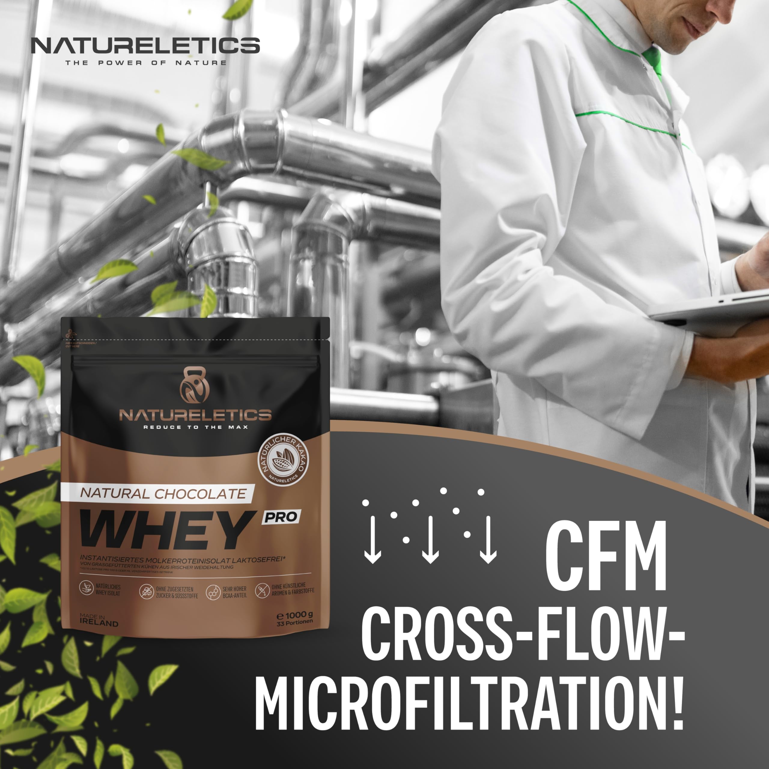Natureletics PREMIUM WHEY ISOLAT SCHOKO, Laktosefrei, Fettarm, ohne Süßstoffe, ohne Zuckerzusatz, von grasgefütterten Kühen aus natürlicher Weidehaltung