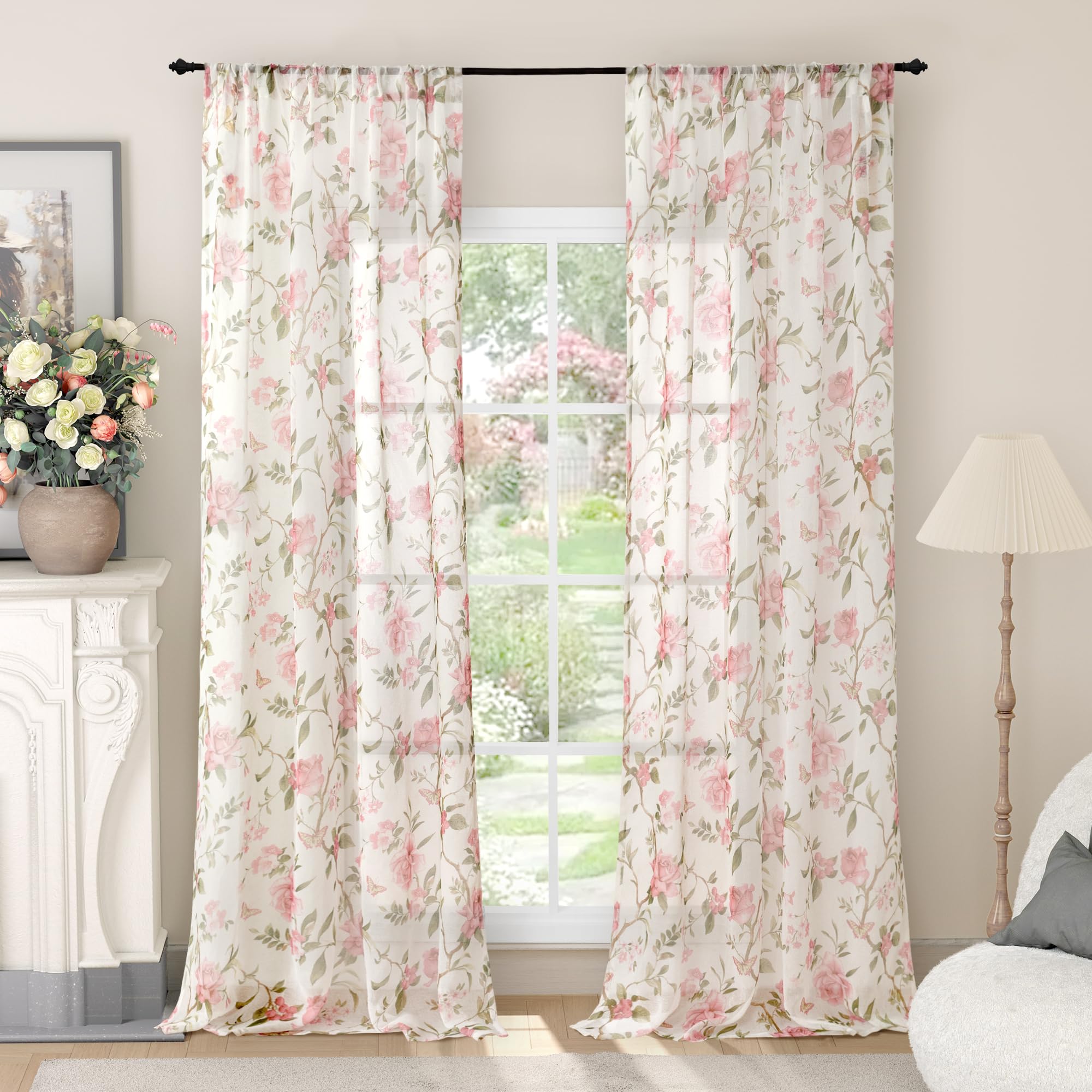 Lajode Floral Sheer Curtains for Girls Bedroom, Vintage Farmhouse Light Filtering Privacy Semi-Sheer Linen Curtains for Kids Nursery 84 Inches Long 2 Panels, Rod Pocket, Pink, Each 52 Inch Wide