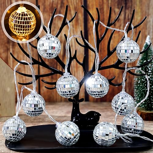 Miniatura 6 de Zhanmai Paquete de 3 pequeñas decoraciones de bola de discoteca LED de los años 70, suministros de fiesta de discoteca con espejo iluminado, bolas