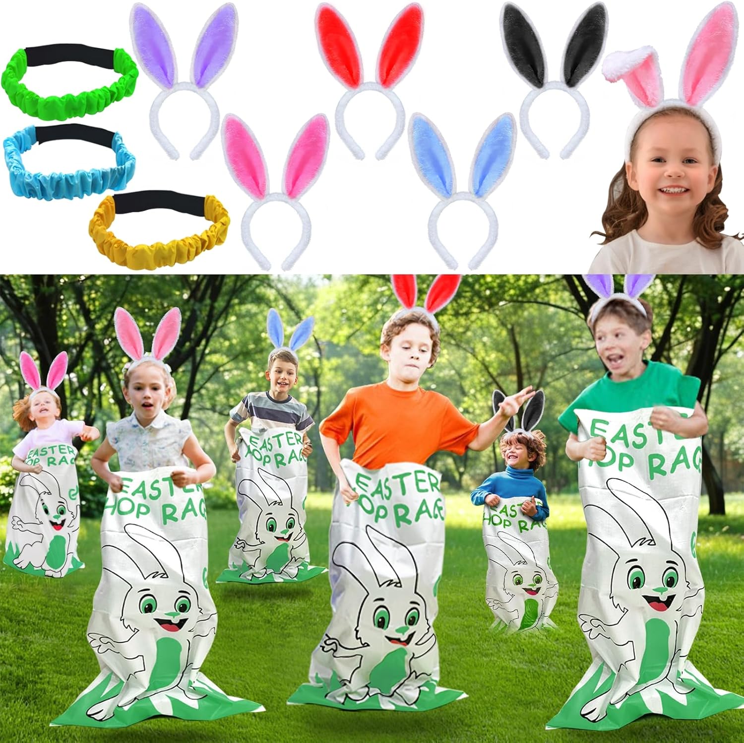 6 Player Potato Sack Race Bags Easter Outdoor Party Games for Kids Family 6 Bunny Potato Jumping Bags, 6 Easter Bunny Ear Headbands 3 Legged Band Easter Egg Hunt Party Supplies Games Activities Favors