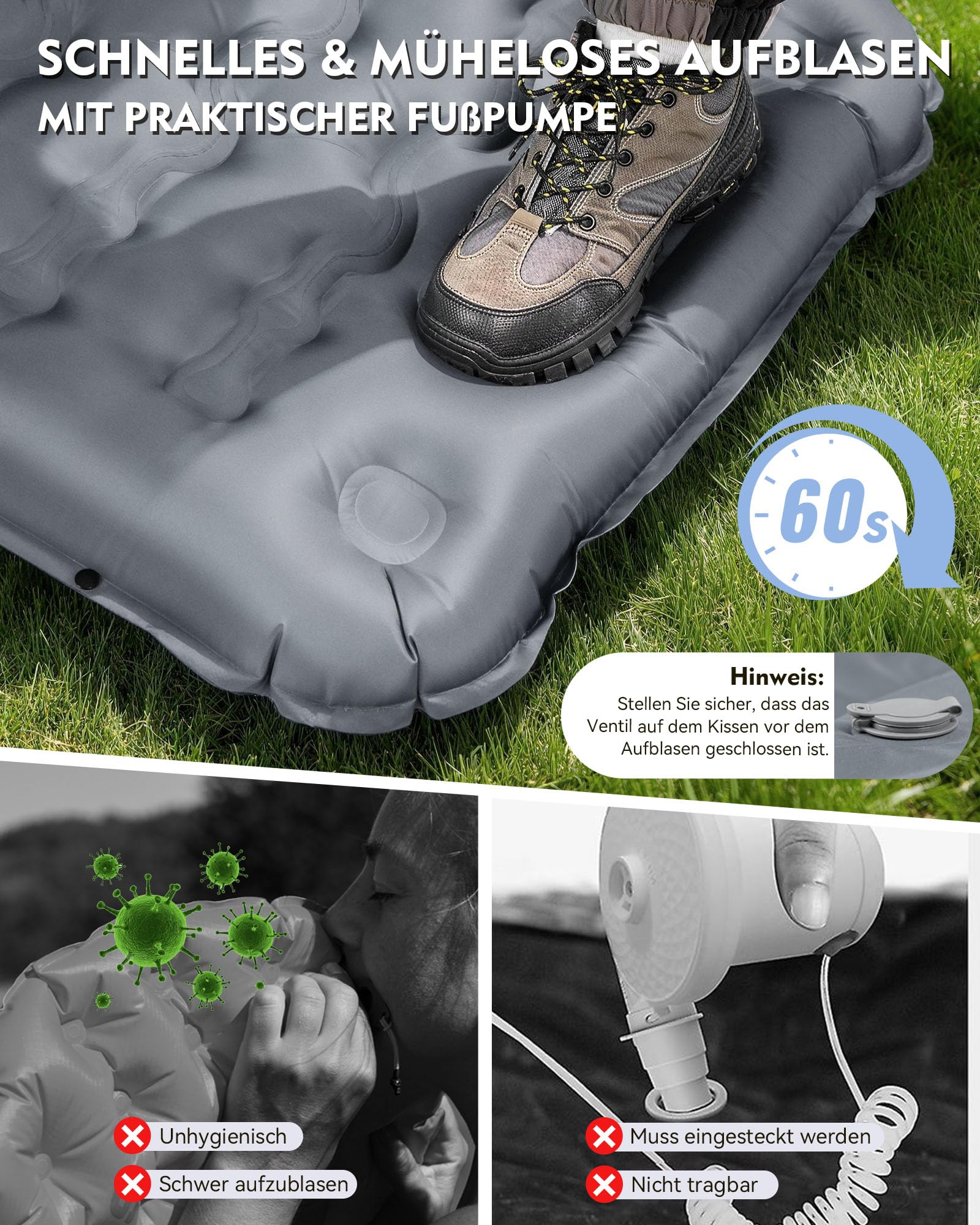 HIKENTURE Esterilla isotérmica para camping, 12 cm, ultragruesa, ultraligera, con almohada, colchón inflable, tamaño pequeño, colchón de aire hinchable, colchoneta para dormir con bomba de pie para