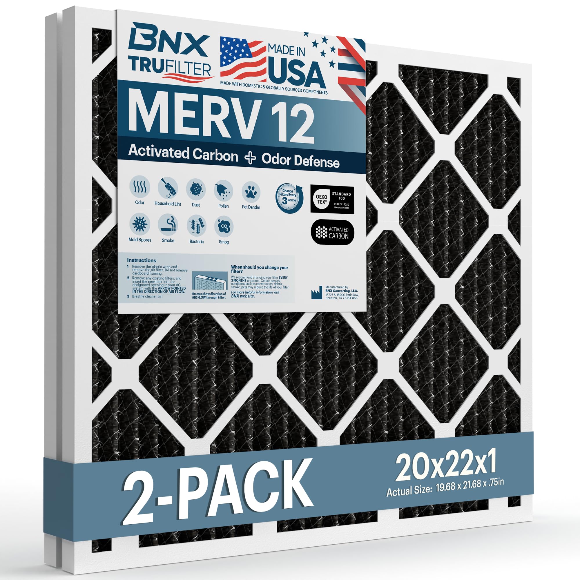 BNX TruFilter 20x22x1 MERV 12 Odor Defense (2-Pack) with Activated Carbon