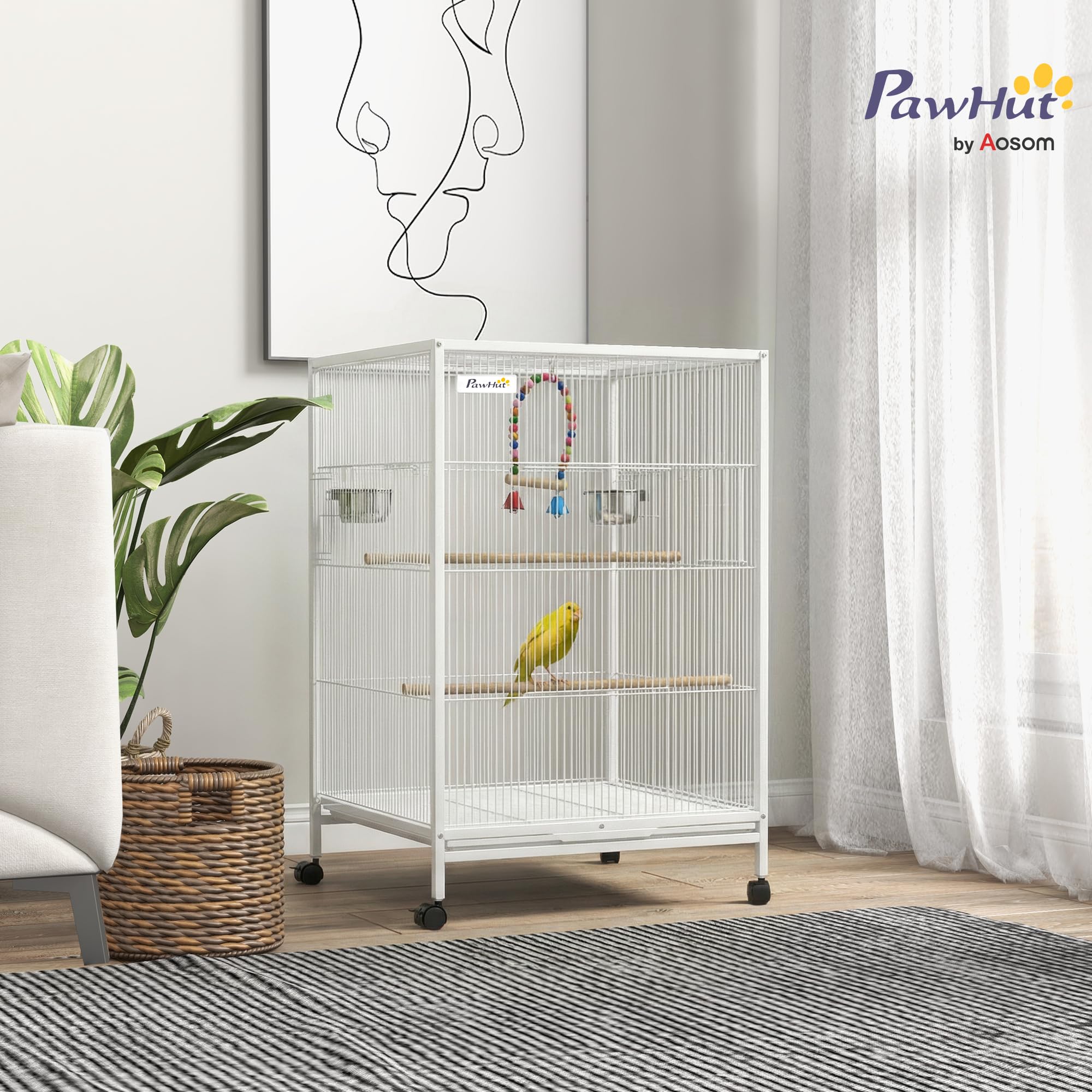 PawHut Jaula para Pájaros con Ruedas, Pajarera de Acero con Perchas, Columpio Bandeja Extraíble y Cuencos de Acero Inoxidable, Jaula Grande para Loros, Canario, Periquito, 48x46x78 cm, Blanco