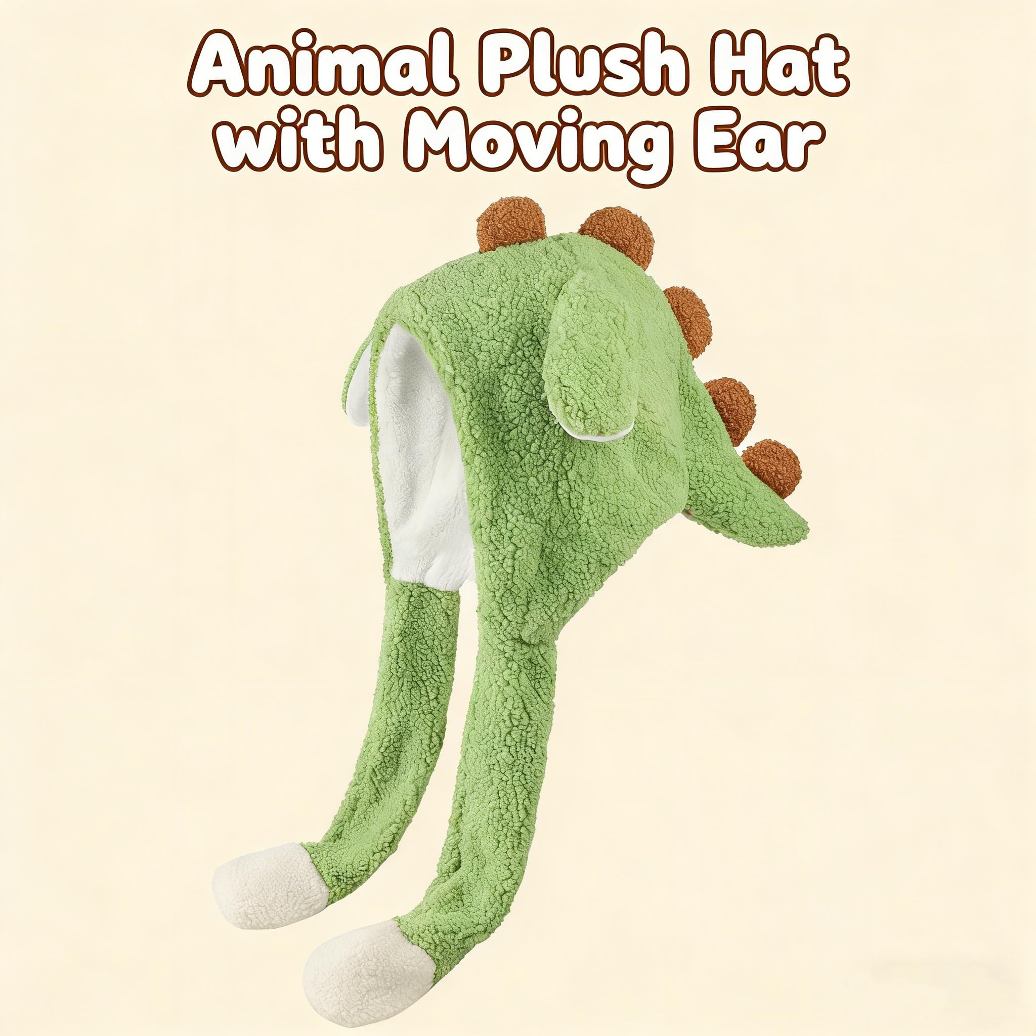 XINGYAOGJ Animal Plush Hat with Moving Ear Winter Cute Furry Dinosaur Hat Adult Warm Soft Plush Cartoon Jumping Ears Cap Gift for Halloween Christmas Cosplay Party Headwear - Image 4