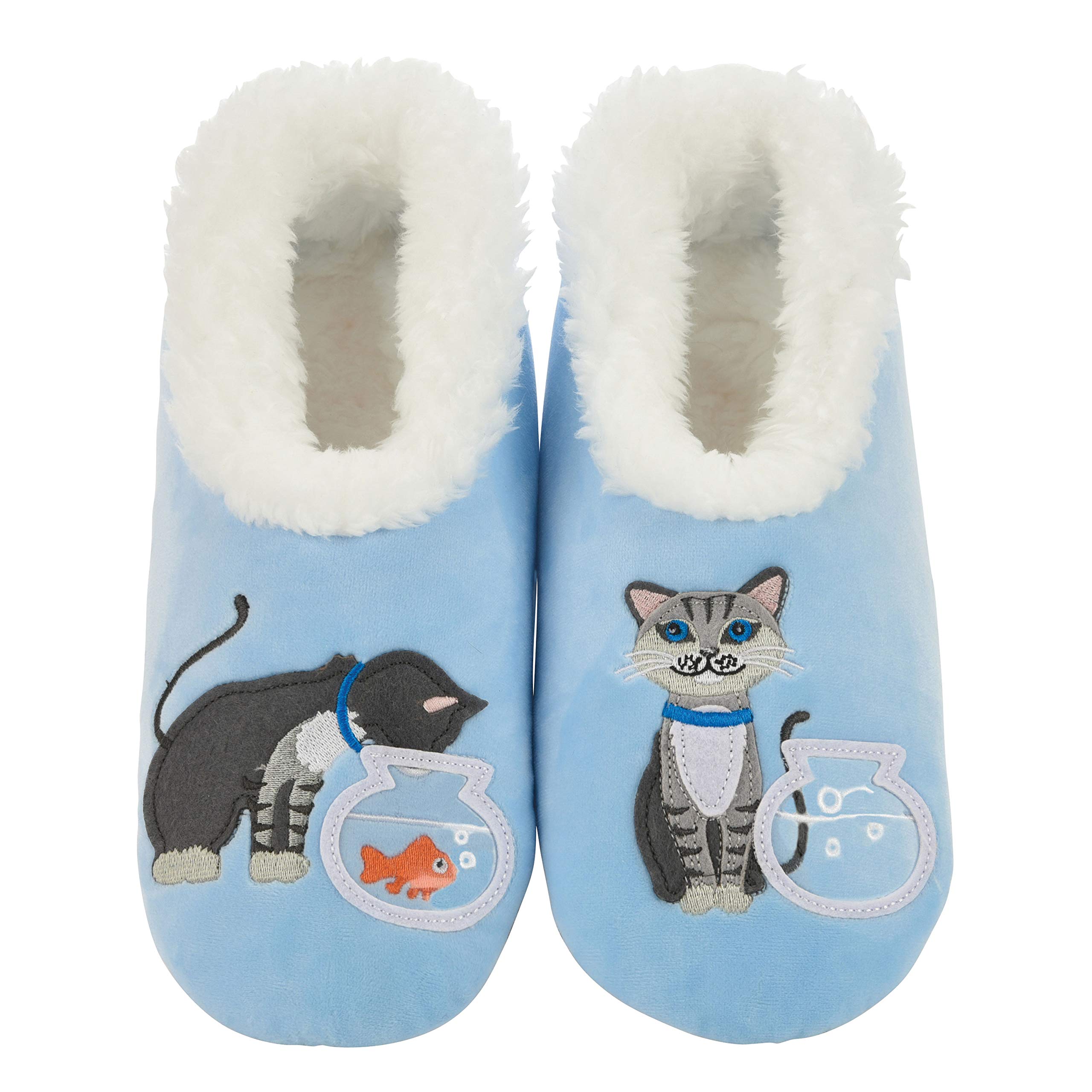Snoozies Pairable Slipper Socks | Cozy and Fun House Slippers for Women, Fuzzy Slipper Socks | With Unique Designs, Non Slip Socks - Cat/Fishbowl - Blue - Medium