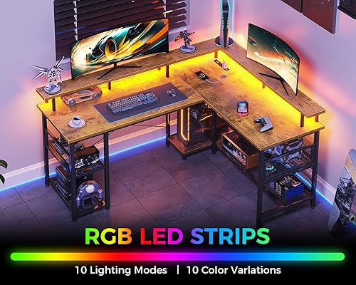 Miniatura 22 de ODK Escritorio para juegos en forma de L de 66 pulgadas con toma de corriente y luces LED, mesa de juegos de PC con textura de fibra de carbono,