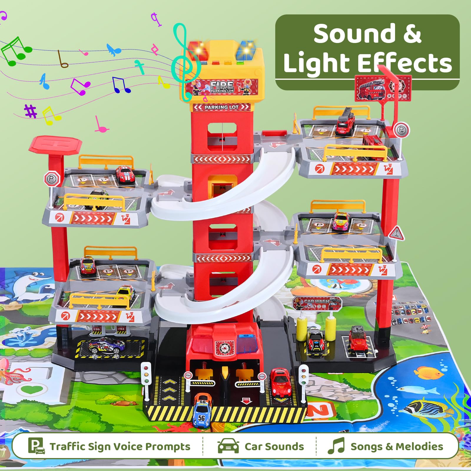 Circuito Coche Niño Camión Bombero, Garaje Coche Niños 5 Niveles con Ascensor Eléctrico, Estacionamiento Juguete Interactivo Sonido y Luz, 12 Coches y 1 Helicóptero, 3-9 Años