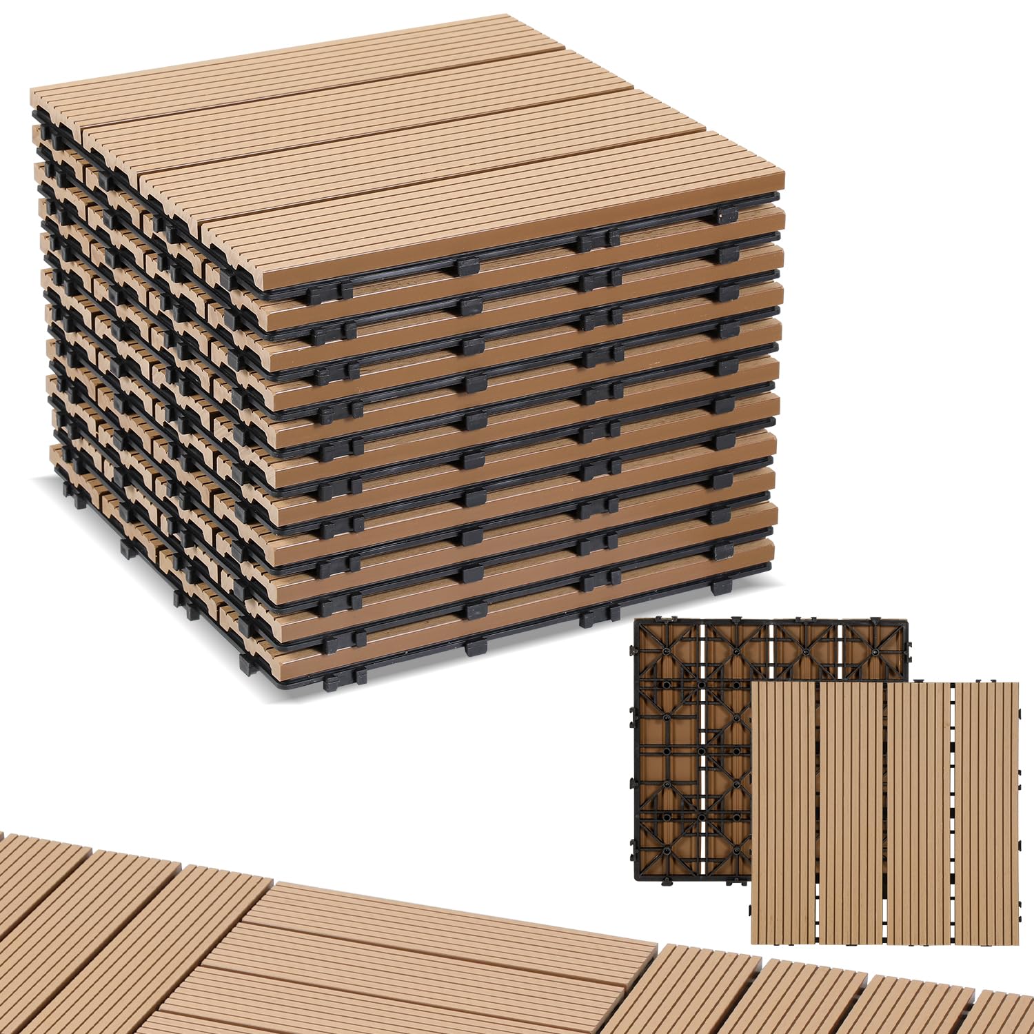 Randaco Lot de 44 dalles de terrasse WPC pour 4 m², 30 x 30 cm, en WPC, avec système de drainage et de clic, faciles à poser, imperméables et antidérapantes, en teck