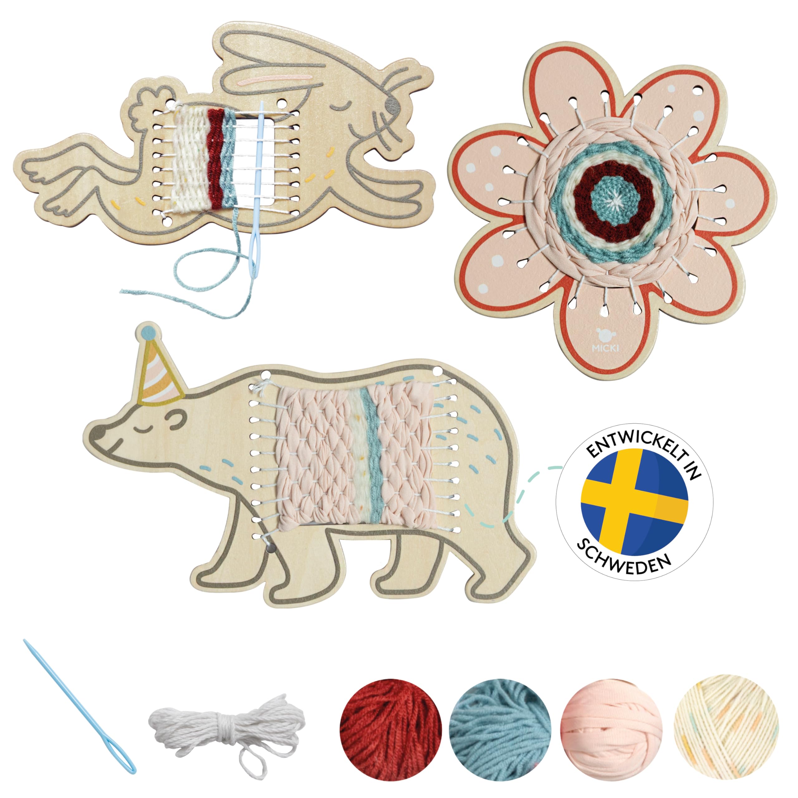 Micki Webrahmen für Kinder, Bastelset Kindergeburtstag, aus Holz, 3 Figuren | Webrahmen Kinder (Bär, Hase und Blume), Holzwebrahmen mit stumpfer Nadel und 4 Garnen, DIY Set Kinder, Webstuhl, 5x230x150 mm