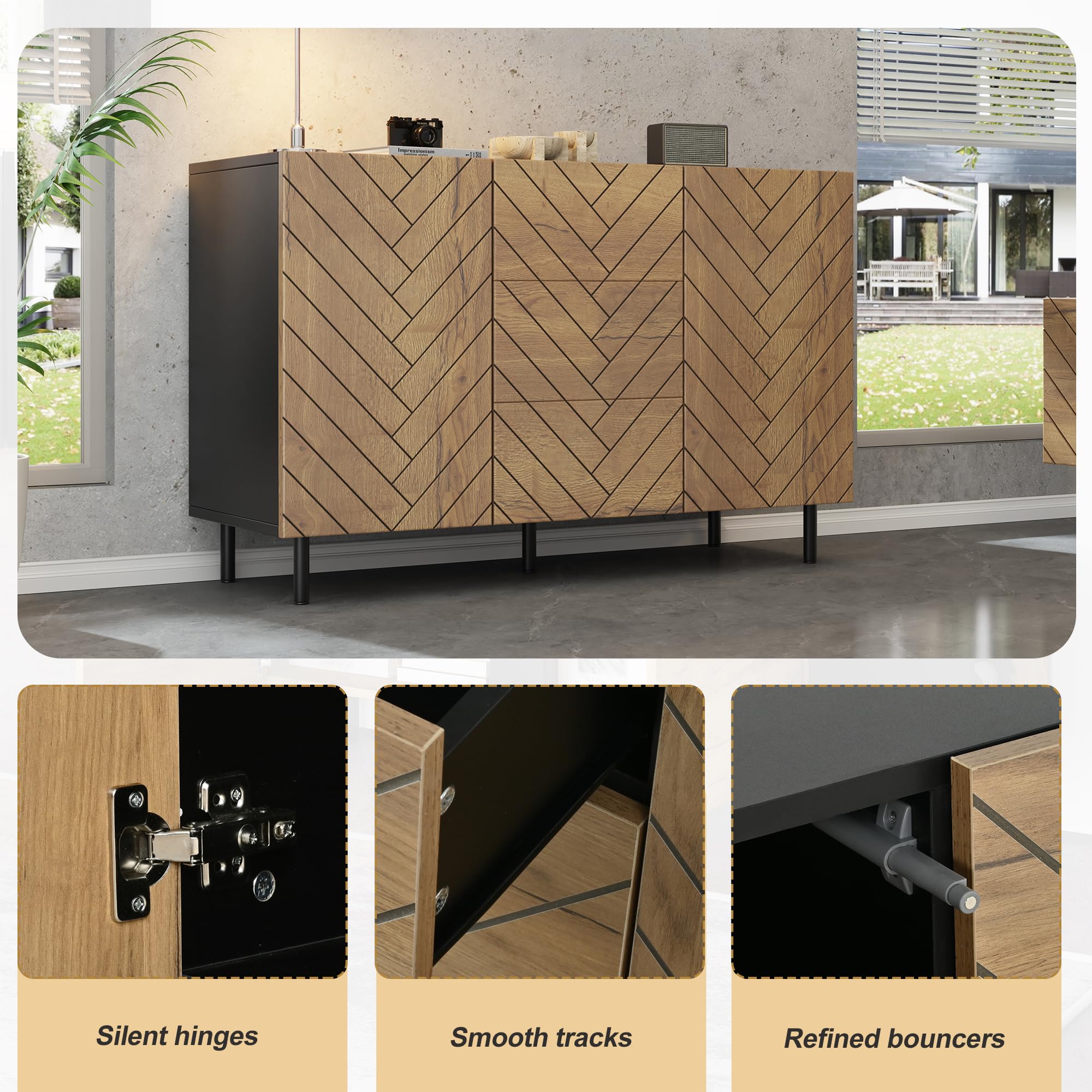 REXO Credenza 120 × 40 × 76 cm, truciolato, moderno, con 3 cassetti e 2 armadi, per soggiorno, armadietti, legno naturale