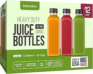 12 Pack 12oz Plastic Bottles With Caps - Plastic Juice Bottles For Juicing - Empty Juice Containers With Lids For Fridge - MADE IN USA Clear Reusable Bottles With Lids - Drink Container