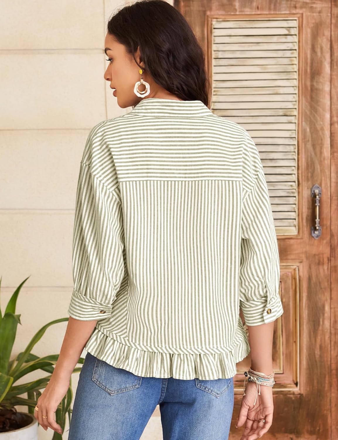 Flygo Womens 3/4 Sleeve Striped Button Down Shirts Cropped Ruffle Hem Casual Collared Drop Shoulder Cotton Blouse Summer Tops - Image 4