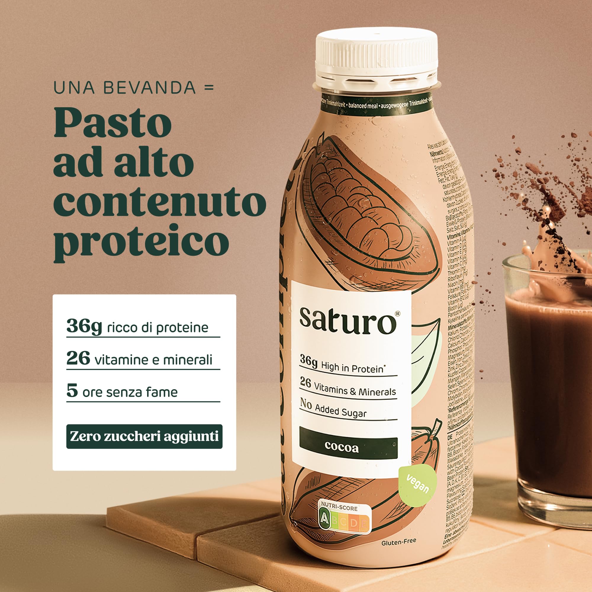 Saturo Pasto Sostitutivo Frullato Gusto Cocoa | 36 g di proteine & senza zucchero | 400 kcal | Vegano | Pasto Bevibile con Nutrienti Essenziali | Cioccolato | 6 x 400 ml