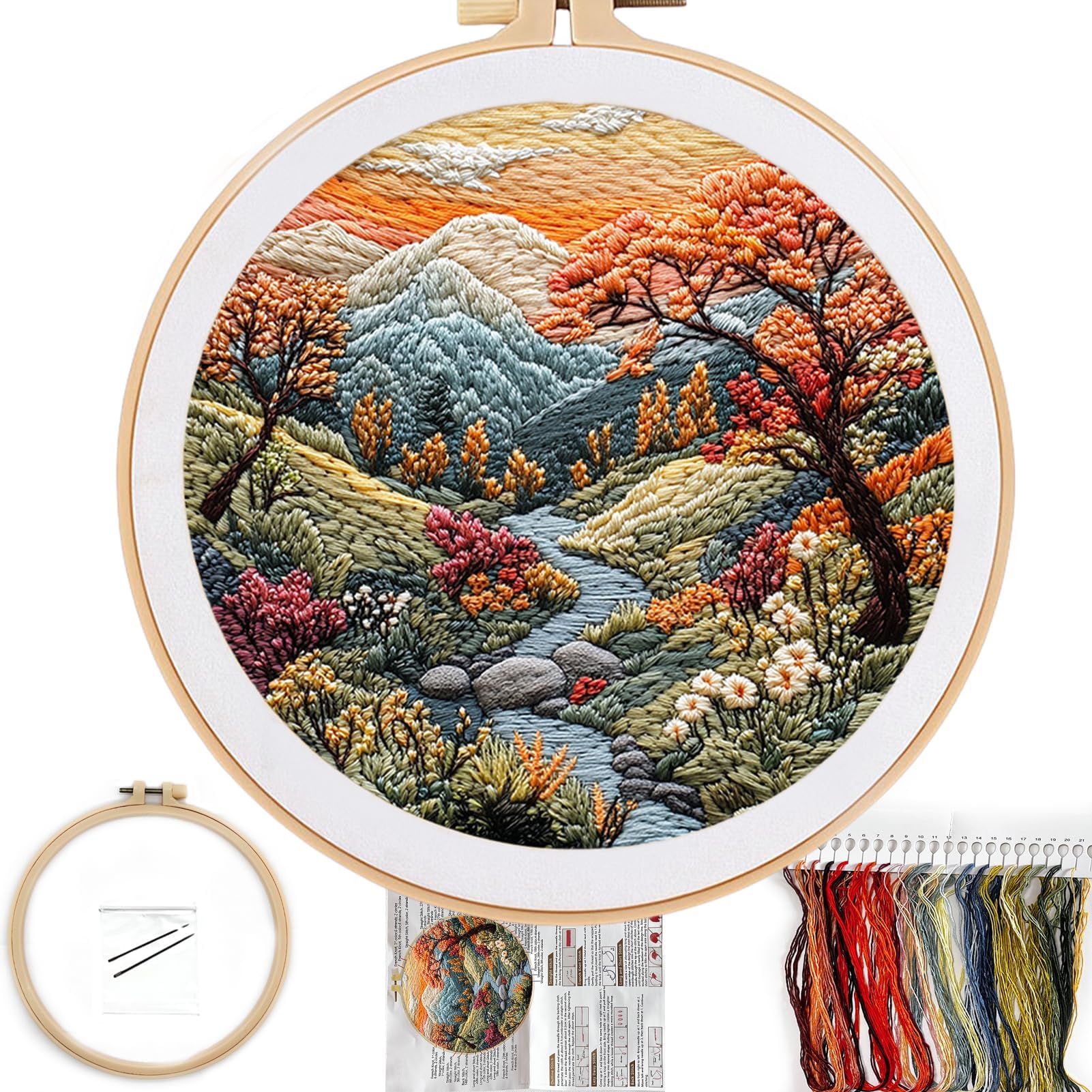 FONNUY Embroidery Kit for Beginners, Boho Nature Landscape Pre-Stamped Pattern Kits for Adults with Hoop, Easy to Follow Color Thread Needlework, 8'' Hoop (Mountain Stream)
