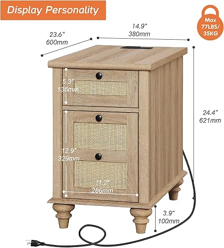 Miniatura 57 de WAMPAT Mesa auxiliar con estación de carga, mesa auxiliar de madera con cajón y armario de almacenamiento, mesa auxiliar moderna con tomas de