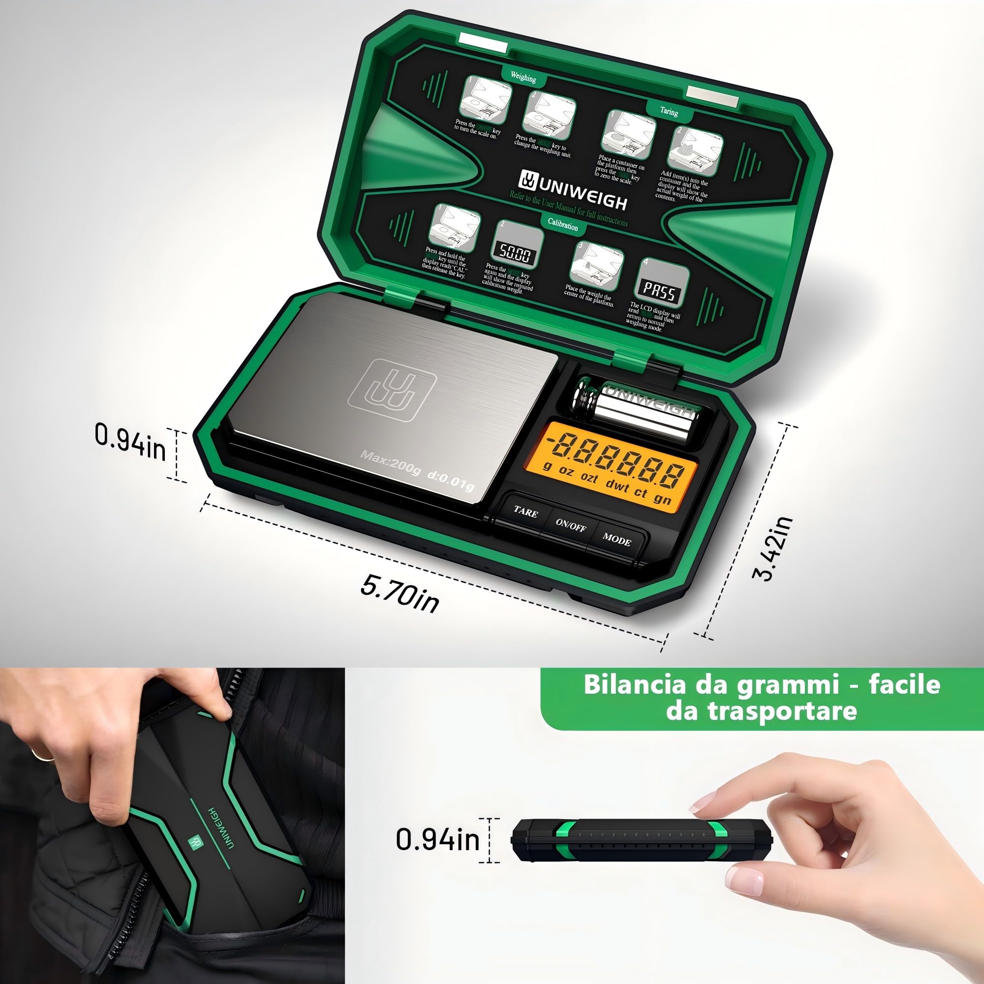 UNIWEIGH Bilancia digitale tascabile 200g/0,01g, mini scala alimentare con peso di calibrazione 50g, verde