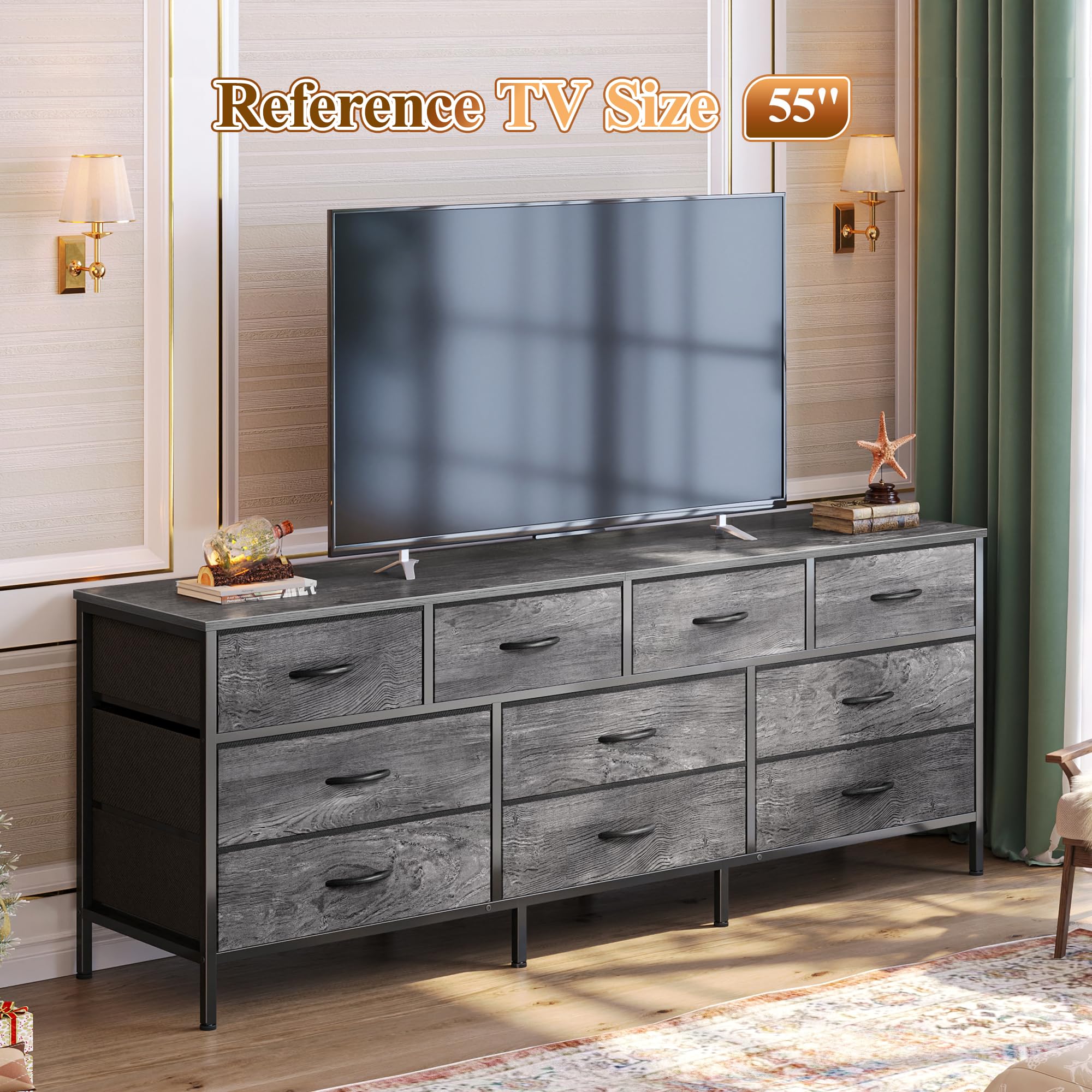 Cómoda de 63 pulgadas para dormitorio, cómoda larga con 10 cajones de tela, soporte de TV para TV de 55, 65, 70 pulgadas, organizador de almacenamiento de juguetes para armario, gris 2