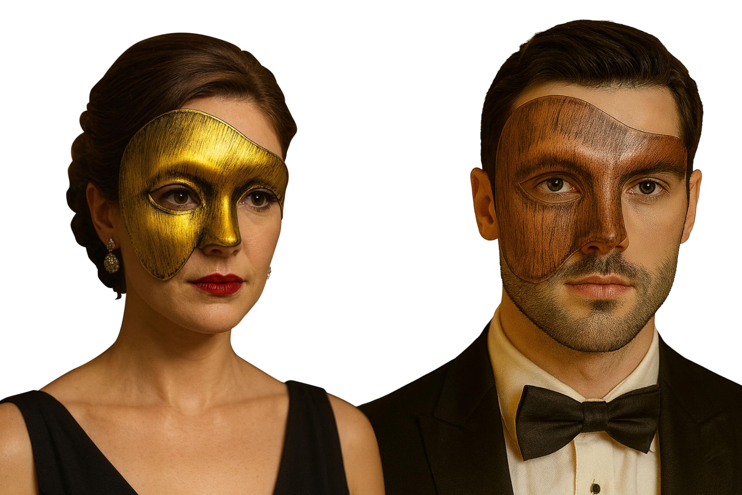 Komonee 2 x Half Face Halloween Bronze Gold Mask Phantom Of the Opera Costume Adult Outfit Venetian Carnival Masquerade Party Fancy Dress Cosplay For Men Women