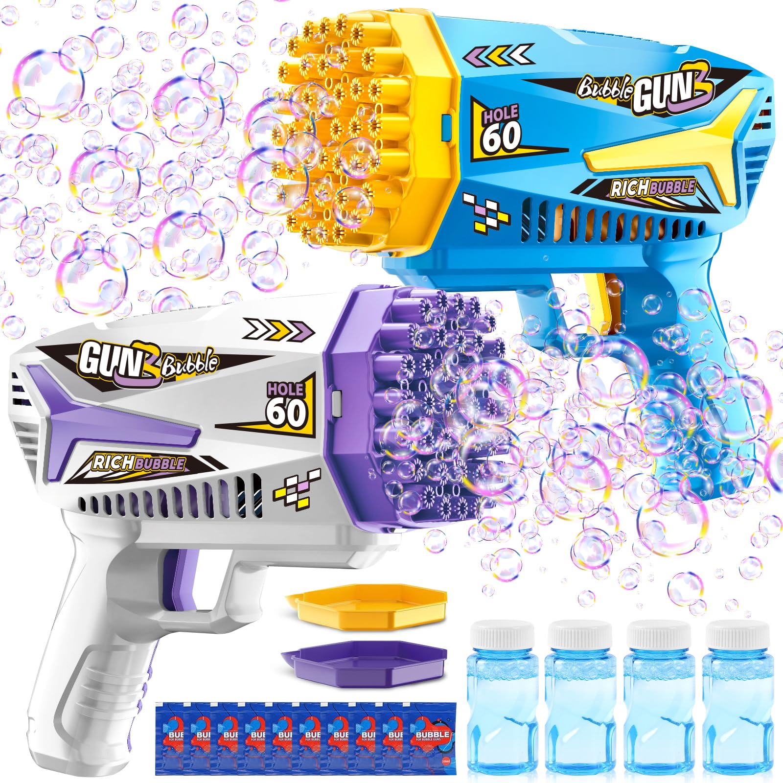 Pistola de Burbujas, 2 Piezas Máquina Automática Pompas de Jabón, con 4 Botellas de solución, 10 Packs Solución de Recarga de Burbujas, para Niños, Adultos, Juguete de Verano