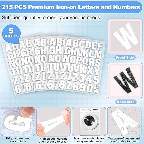 Miniatura 3 de 5 hojas, 215 letras y números para planchar para ropa, letras de vinilo de 2 pulgadas con letras de transferencia de calor de poliuretano A-Z,