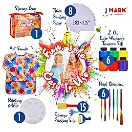 J MARK Toddler Painting Set - 38-Piece Set with Art Smock, 6 Washable Tempera Paints, Painting Paper, Brushes, Sponges, Painting Tools and Palette (Colors)