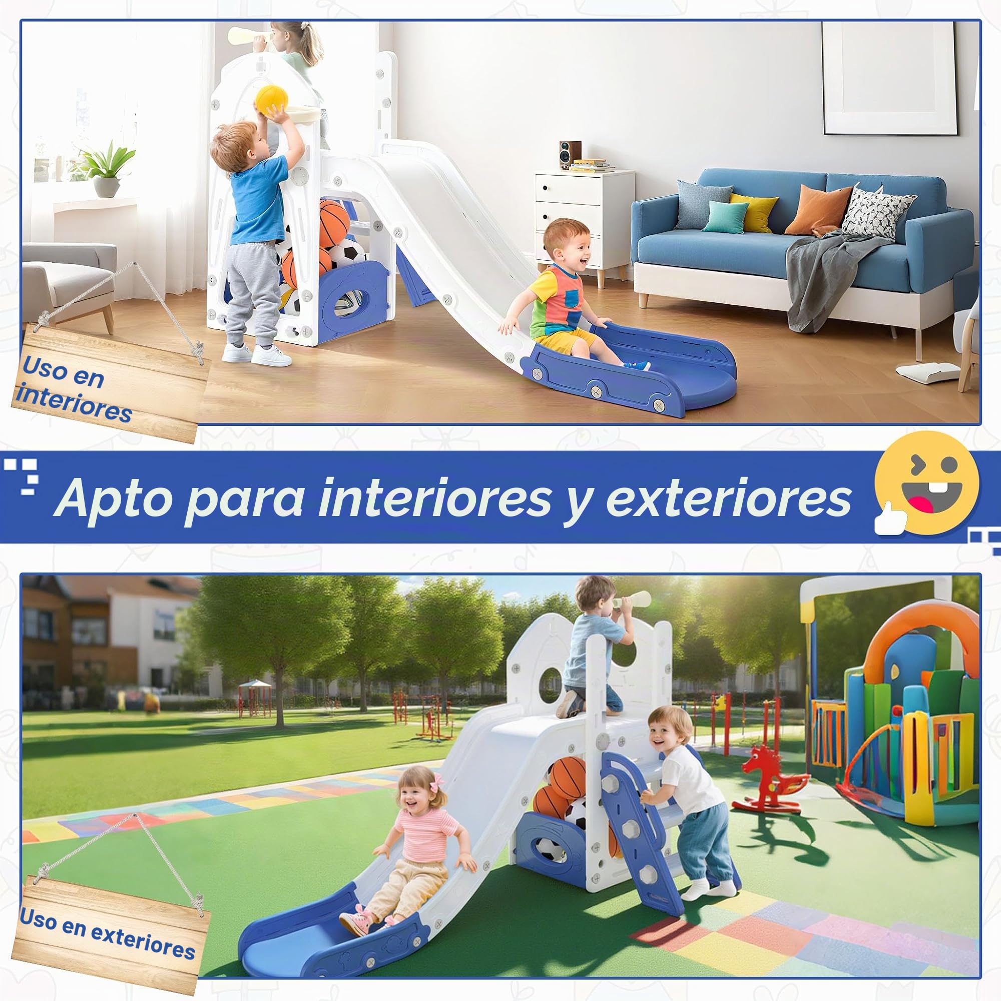 UISEBRT Tobogán infantil con escalera de escalada, espacio de almacenamiento, cesta de baloncesto y telescopio para juegos, tobogán infantil de polietileno de alta densidad y polipropileno, tobogán