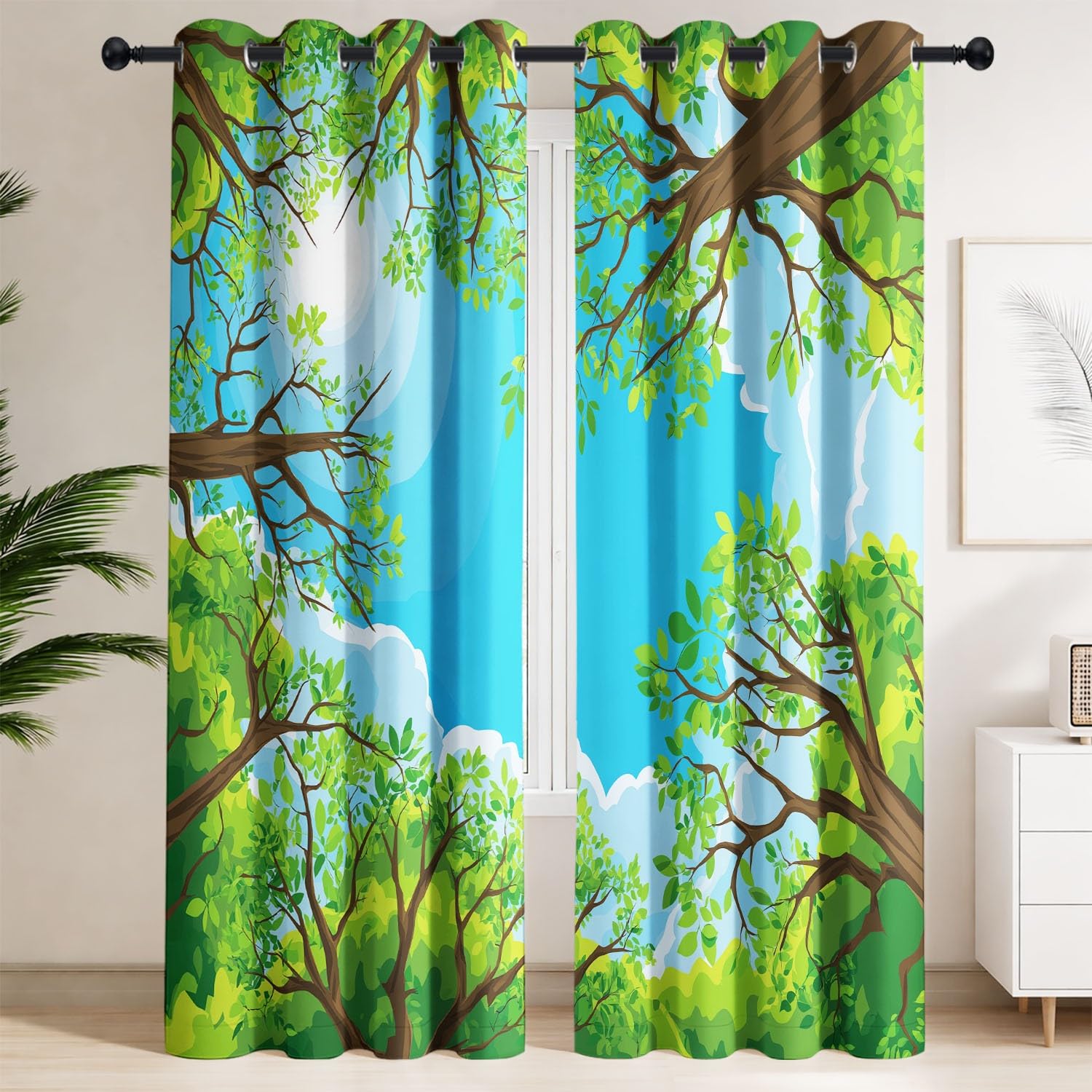 Lot de 2 Rideaux Occultants Canopée verte, Soleil blanc & Nuages duveteux | Isolant Thermique et Phonique - Style Esthétique moderne, Bleu ciel apaisant pour Chambre, Chambre de bébé, Espace détente