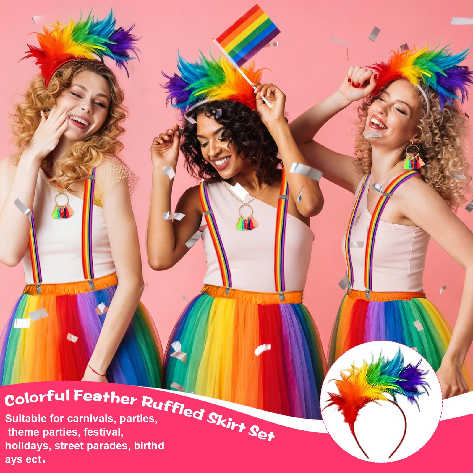 Set de Tutu Arc-en, Ciel pour Adulte, Jupe Tulle Volumineuse, Diadème à Plumes, Bretelle, Boucles d'Oreilles à Franges, Collier, 2 Drapeaux, 2 Autocollants, Taille Unique pour Fêtes & Soirées