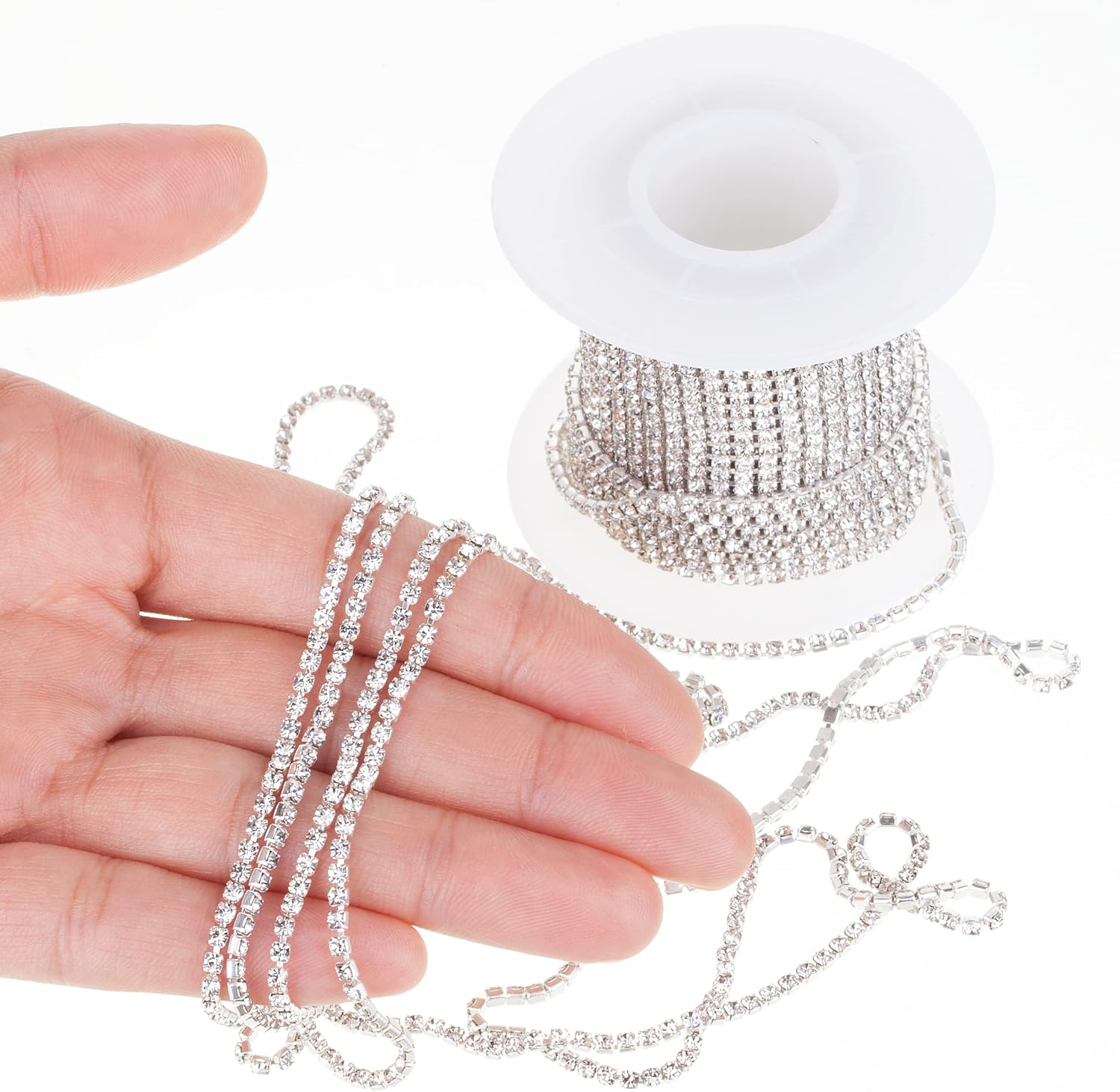 Mr. Pen- Crystal Rhinestone Close Chain, 1 Roll 11 Yard, 2mm Rhinestones | Silver Rhinestones for Jewelry, Rhinestone Chain for Crafts, Roll of Rhinestones for Crafts, Crystal Rhinestone Chain Trim.