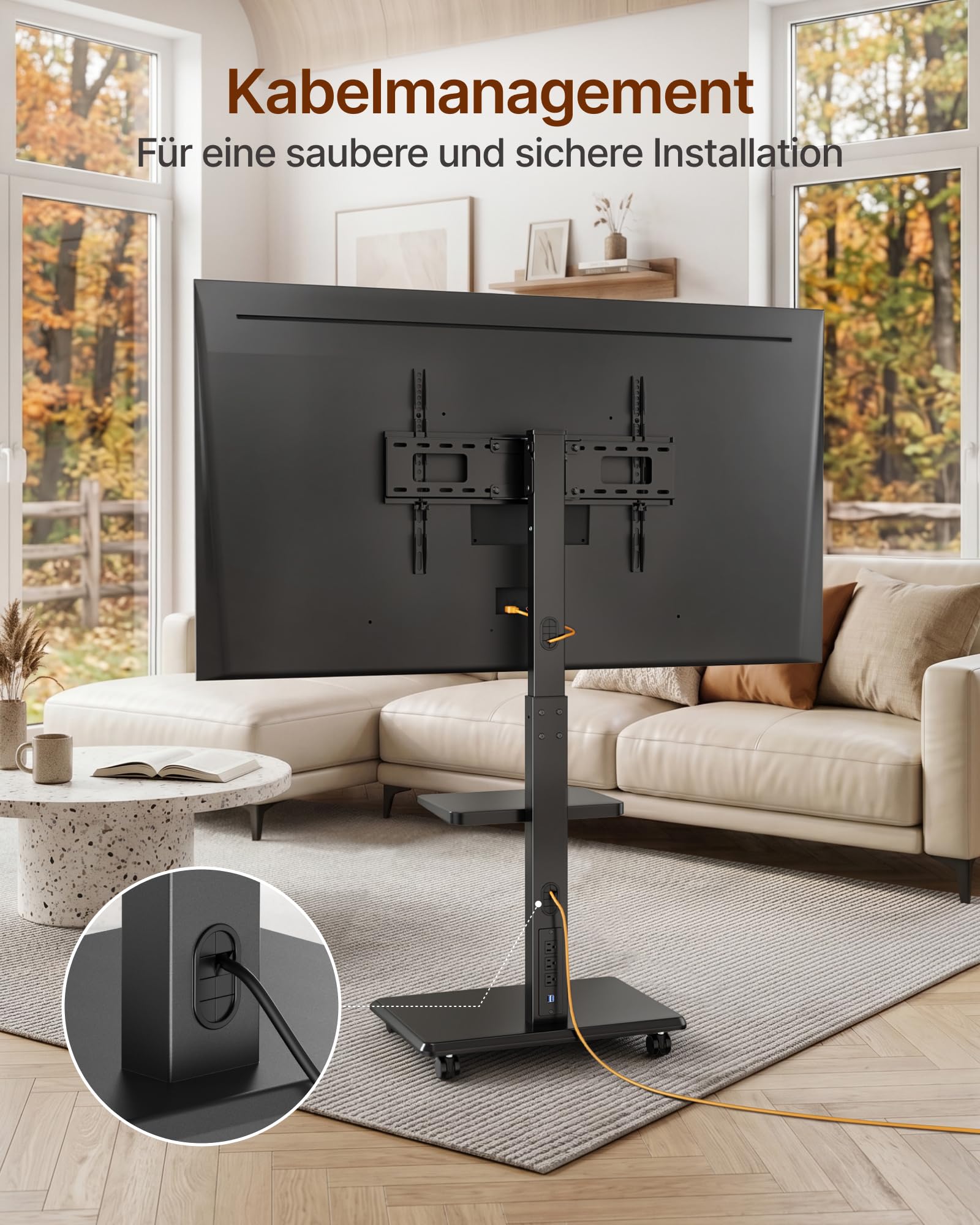 TV Ständer Rollbar mit Steckdose, 37"-75", 50kg, Max VESA 600x400 | TV Standfüße mit Versteckter Kabelverwaltung, Höhenverstellbar, Schwenkbar, Neigbar, ±3° Niveau, Einfache Montage, Schwarz