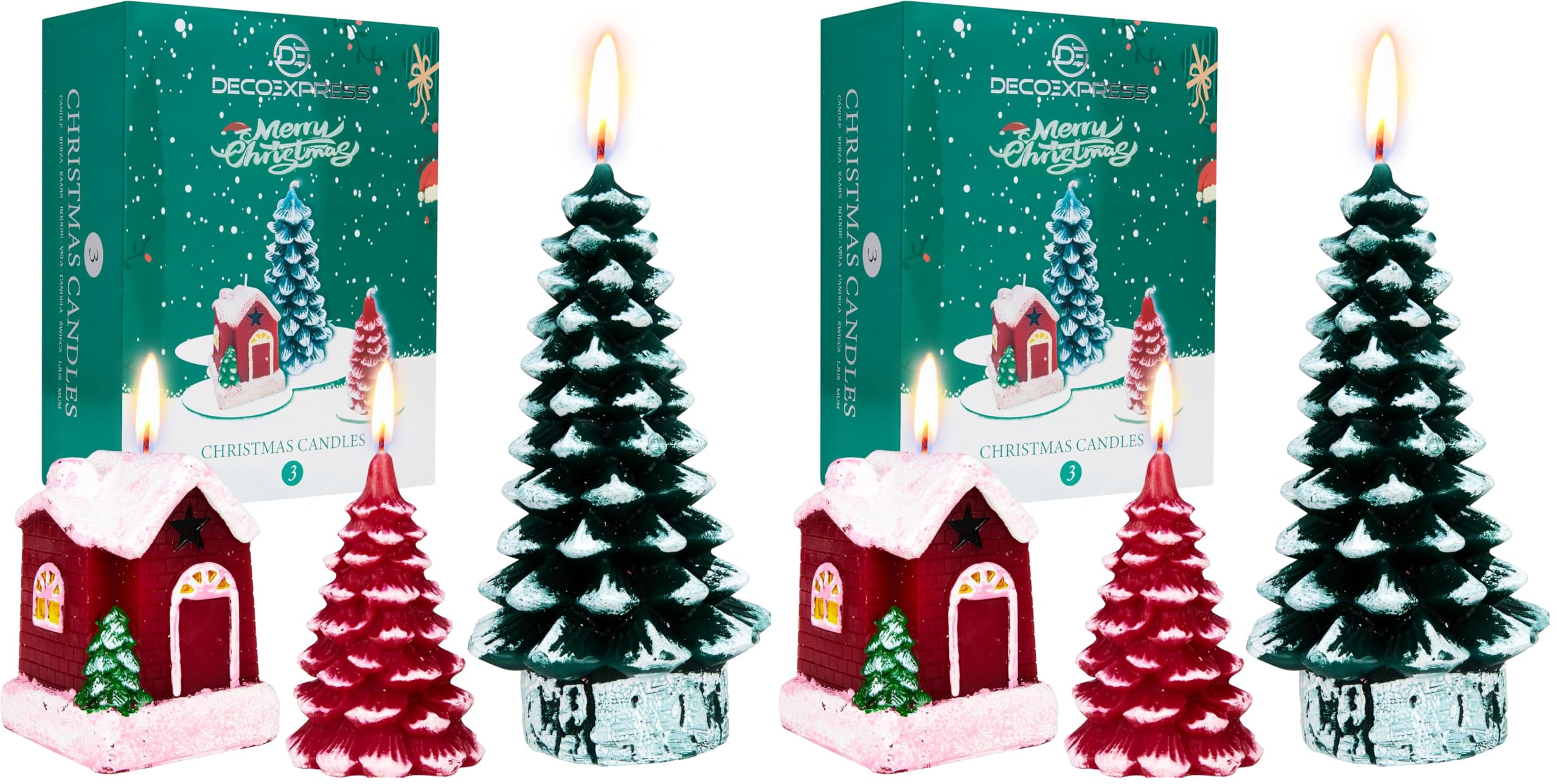 Deco Express Kerzen Deko 3er Set Weihnachten Deko Candle mit Weihnachtsbaum und Winter Motiven Geschenk Idee (Mehrfarbig 3 Stück) (Packung mit 2)
