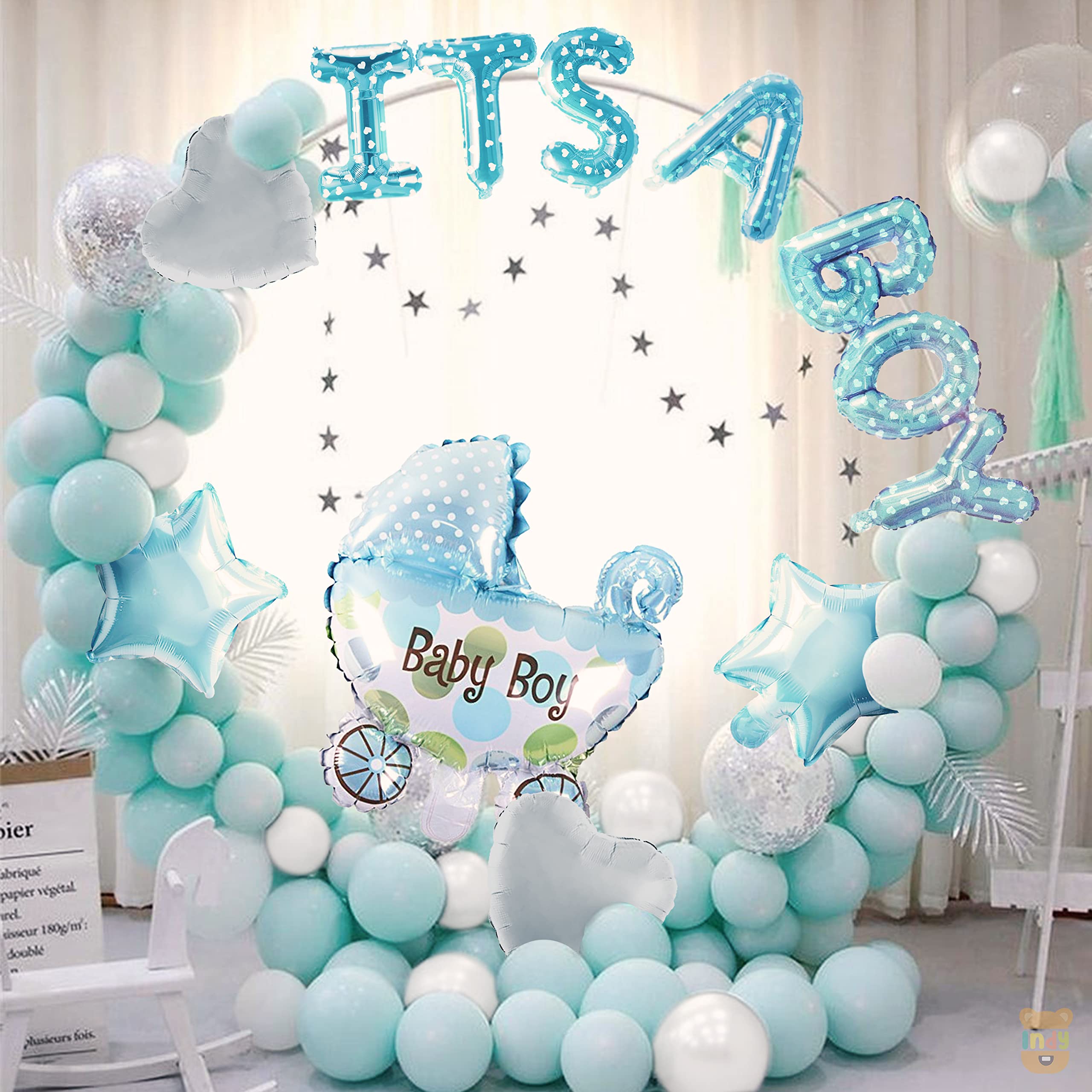 ITAF Set Of 42 Pcs Baby Boy Welcome Decoration Kit For Home - 1 ITβS A BOY! Baby Welcome Blue Polka Dot Foil Balloon , 15 White & 15 Blue Pastel Balloons , 1 Baby Boy Blue Pram Foil Balloon, 2 Blue Star Foil Balloons , 2 Silver Heart Foil Balloons For Kids Birthday Party New Born Baby Theme Decoration Kit