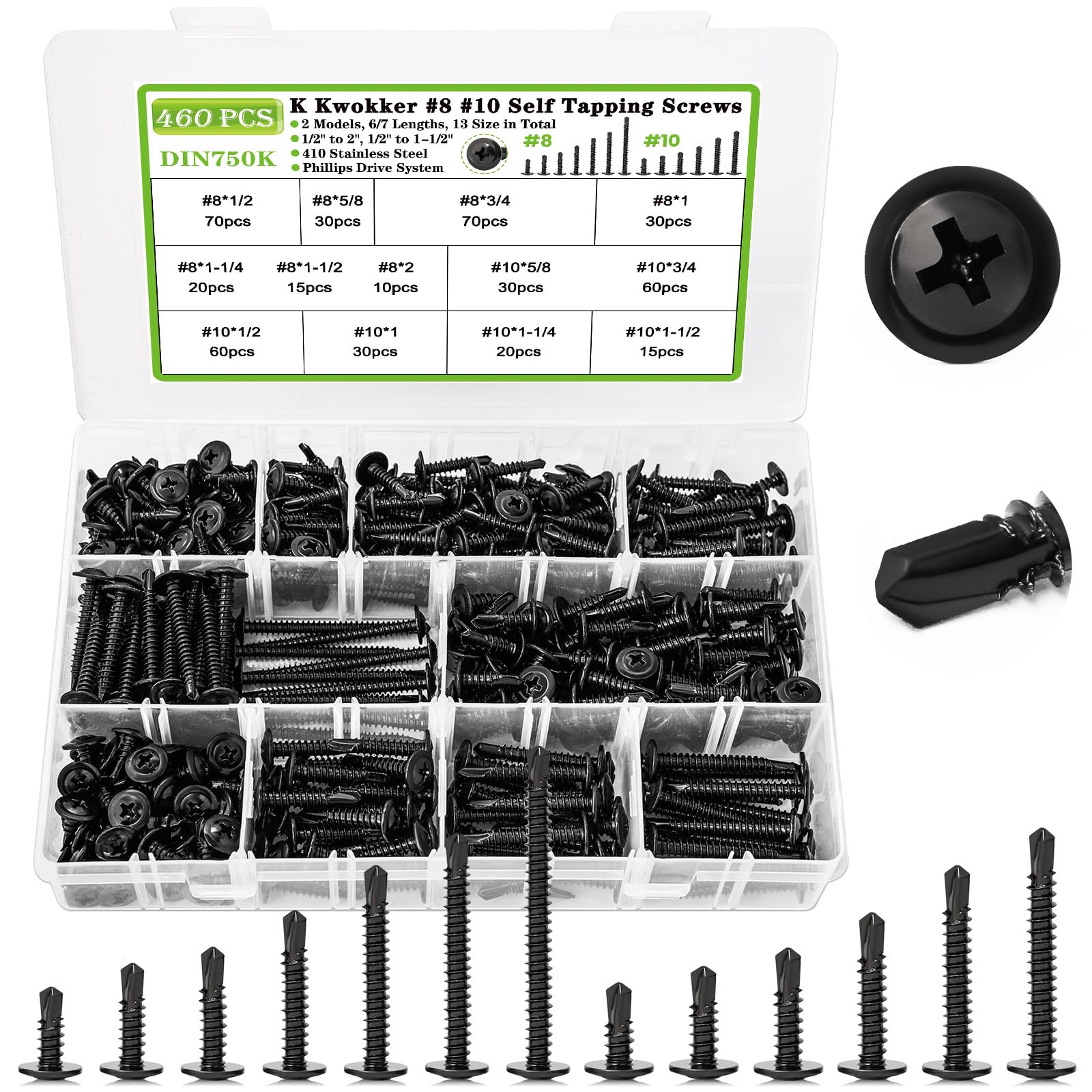 K Kwokker 460Pcs #8#10 Black Self Tapping Screws for Metal, Wood, Steel, Aluminium Alloy, 1/2"-2", Truss Head Sheet Metal Screws 410 Stainless Steel Screws Assortment Kit, 13 Sizes Self-tapping Screws