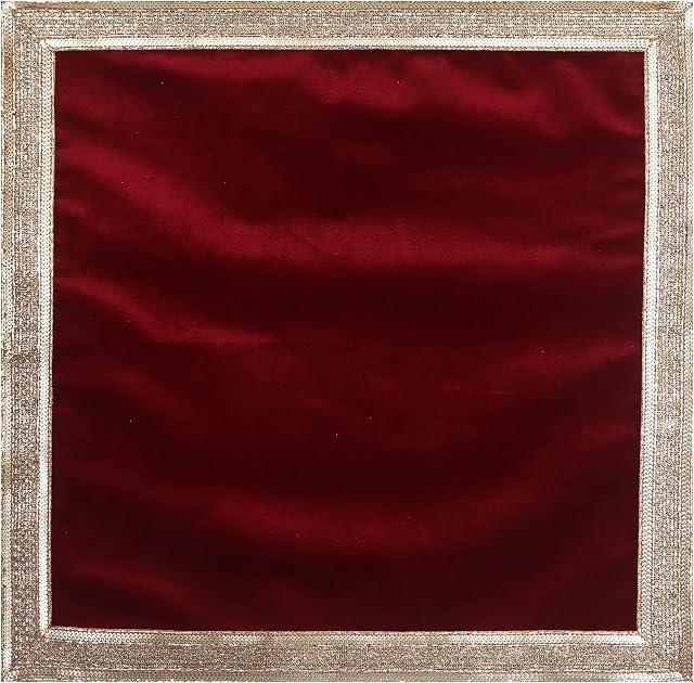 Indian Consigners Solid Red Velvet Cloth With Golden Shinny Border, Aasan Pooja Puja Cloth Poojan Table Cloth Holy Cloth