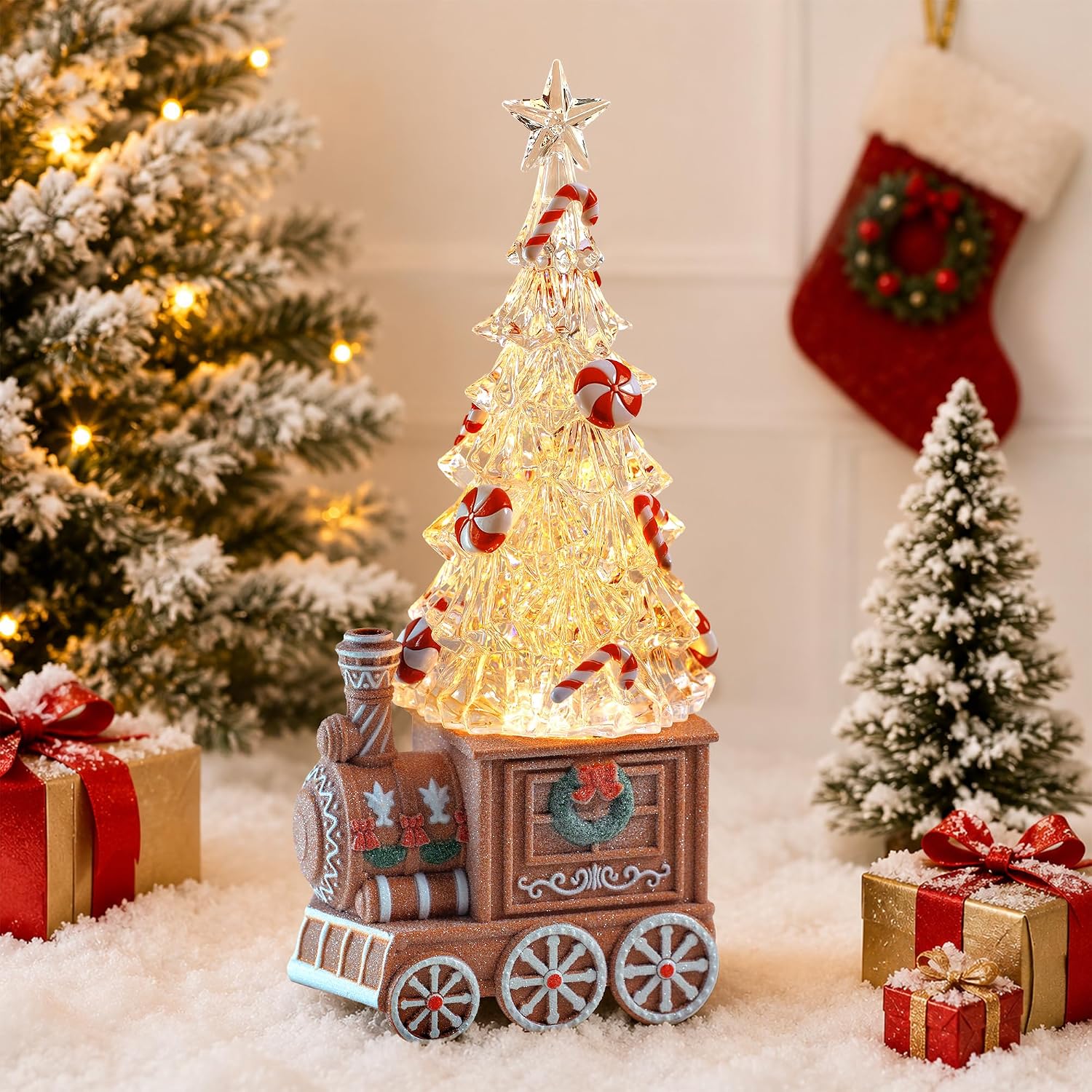 Christmas Train Snow Globe with Music, Lighted Christmas Tree Water Lantern with Swirling Glitter, USB & Battery Powered with Timer, Candy Cane Christmas Decorations Indoor Gifts