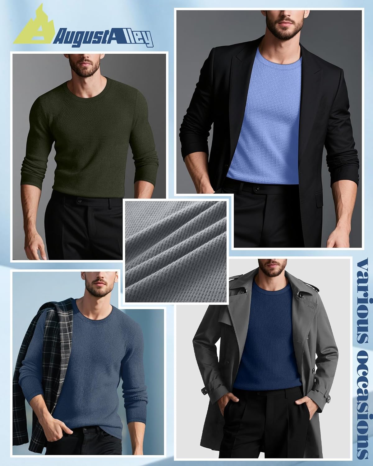 5 Pack Thermal Waffle Shirts for Men, Crew Neck Long Sleeve Casual Pullover Underwear Textured Knit Tops