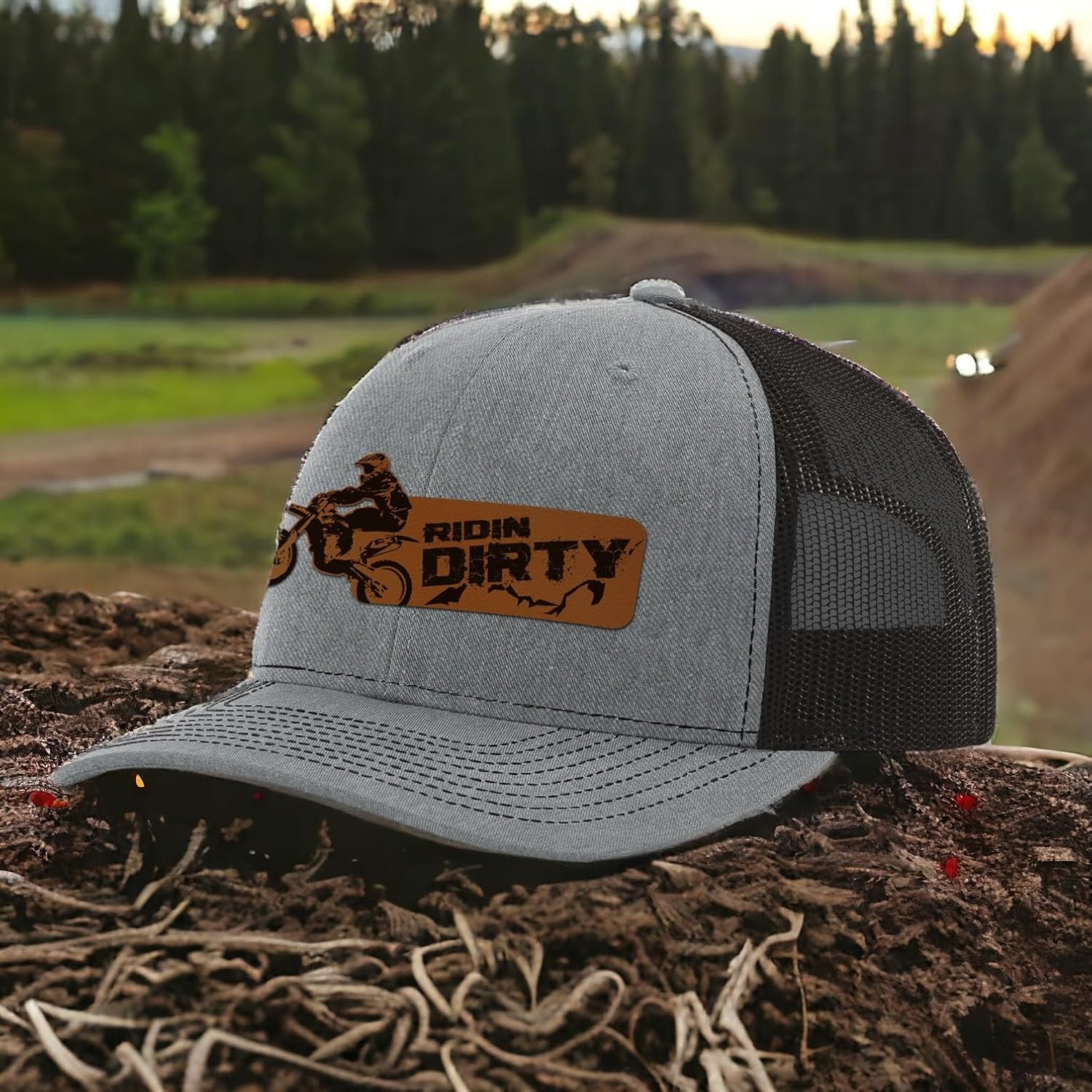 Ridin Dirty Leather Patch Snapback Trucker Hat Richardson 112 | Dirt Bike Motocross MX Braap Birthday Christmas Fathers Day