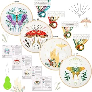 4 Set Moth Embroidery Kit for Beginners Adults Moth and Moon Cross Stitch Cloth DIY Needlepoint Kits with Patterns and Ins...