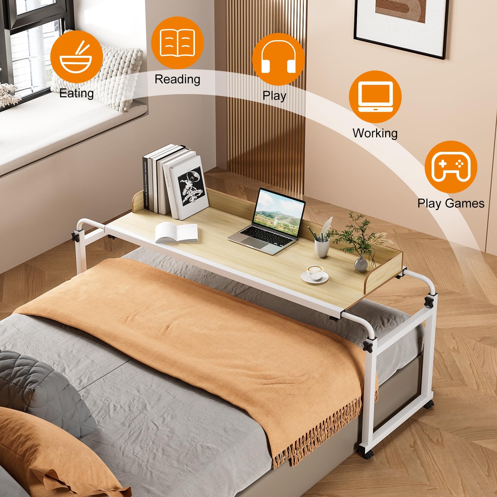 Tavolo da letto con ruote, regolabile in altezza, scrivania sopra il letto con deflettore rialzato King Queen Bed Table on Wheels Overbed Laptop Table per casa, ufficio, camera da letto,