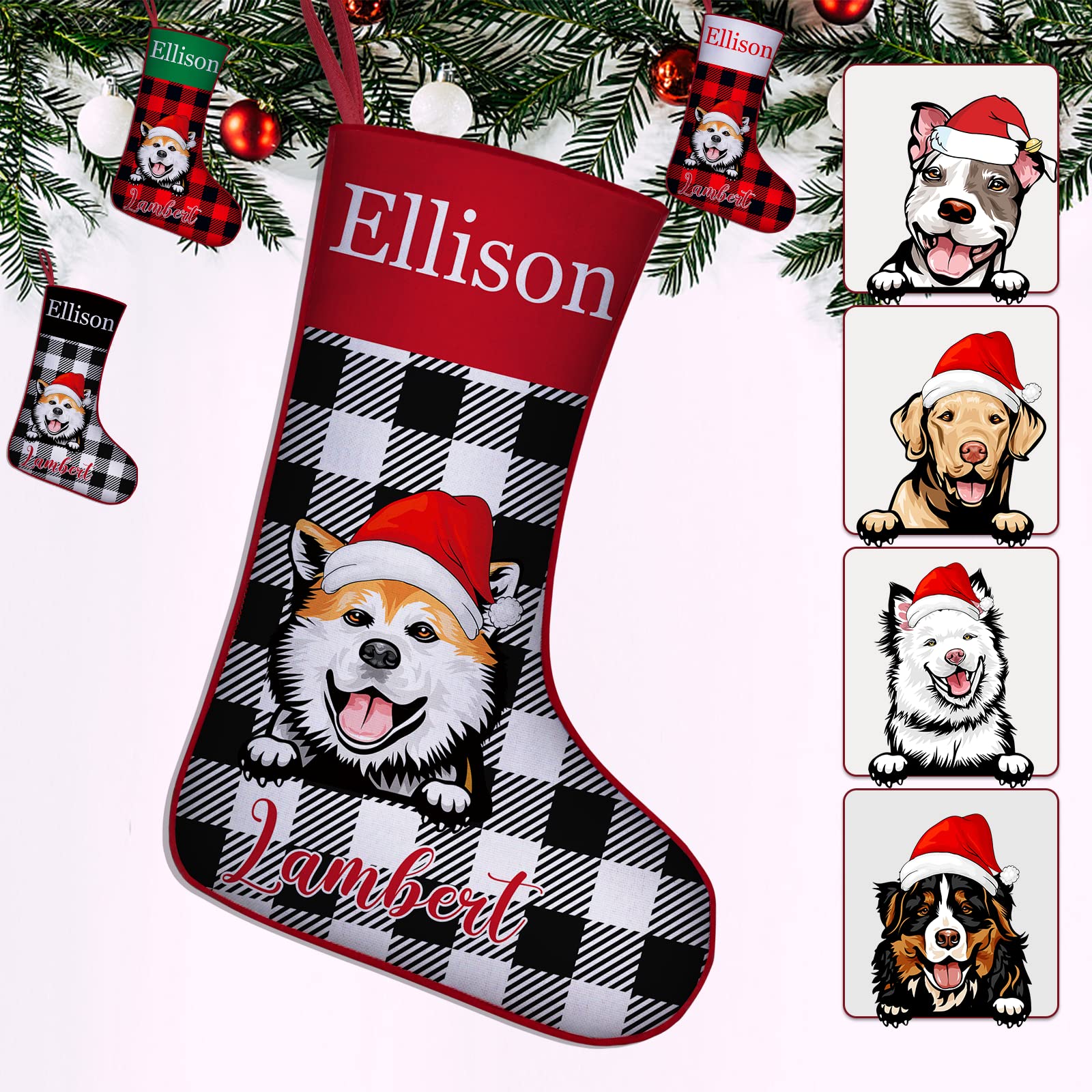 FadacePersonalised Christmas Stockings for Dog with Name Text Breed Custom Buffalo Plaid Stockings Christmas Customised Initial for Pet Xmas Holiday Decoration