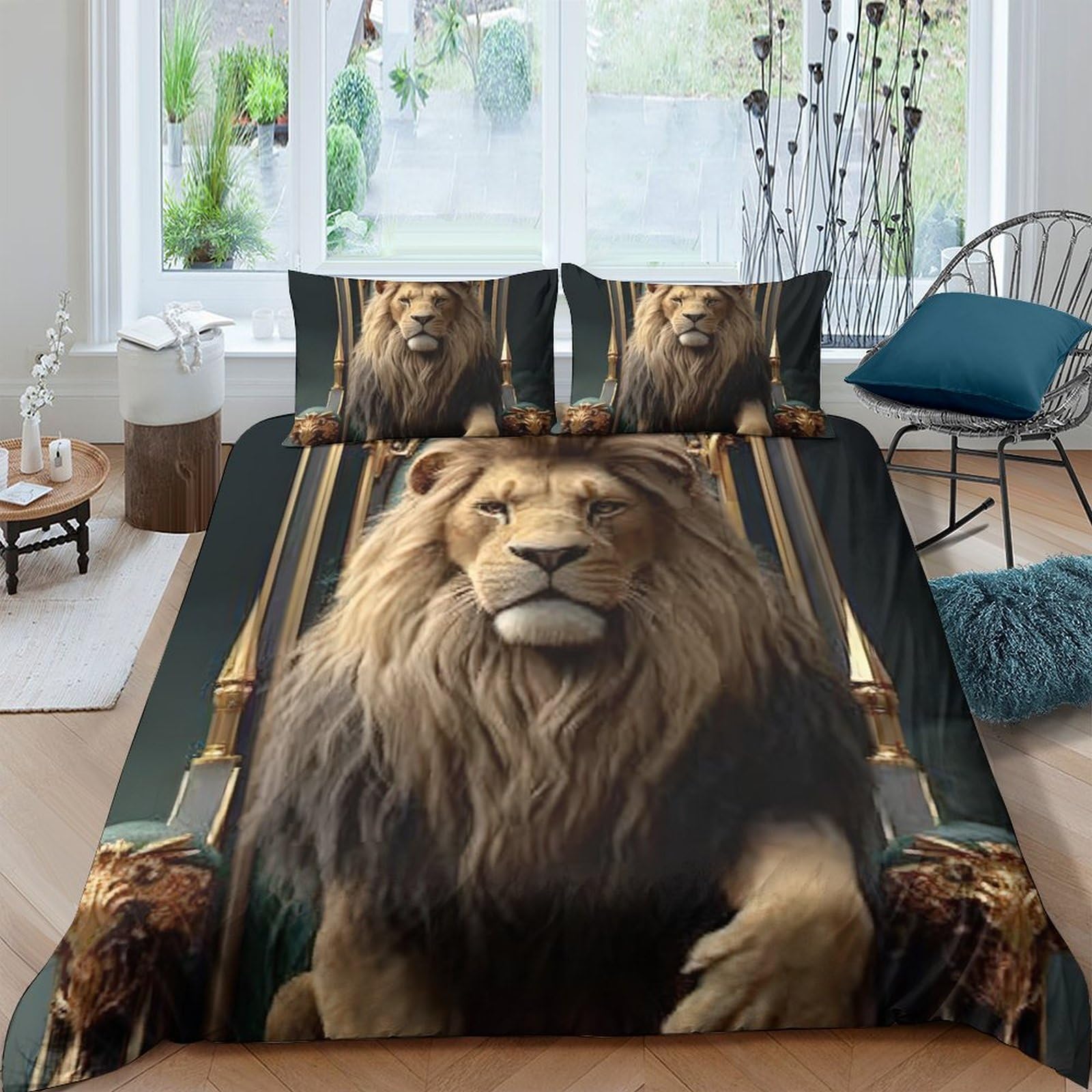 3D Printed Lion King Duvet Cover Microfiber Soft Breathable Throne Quilt Cover Set with 2 Pillowcases for Bedroom Home Decor Single（135x200cm）