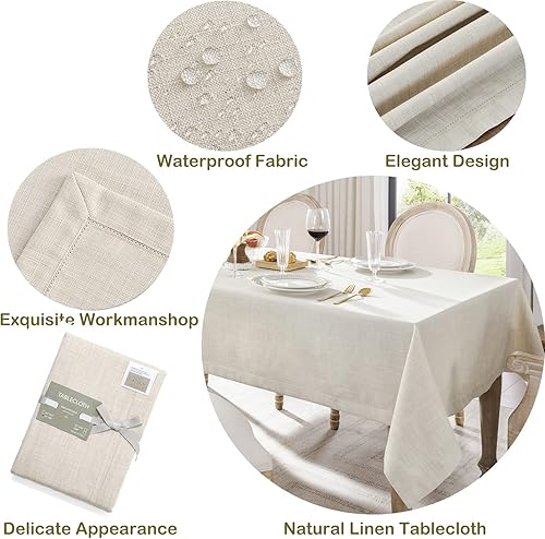 Miniatura 4 de Mantel rectangular de lino con vainica de 52 x 70 pulgadas, impermeable, resistente a las arrugas, lavable, para cocina, comedor, fiesta, banquete,