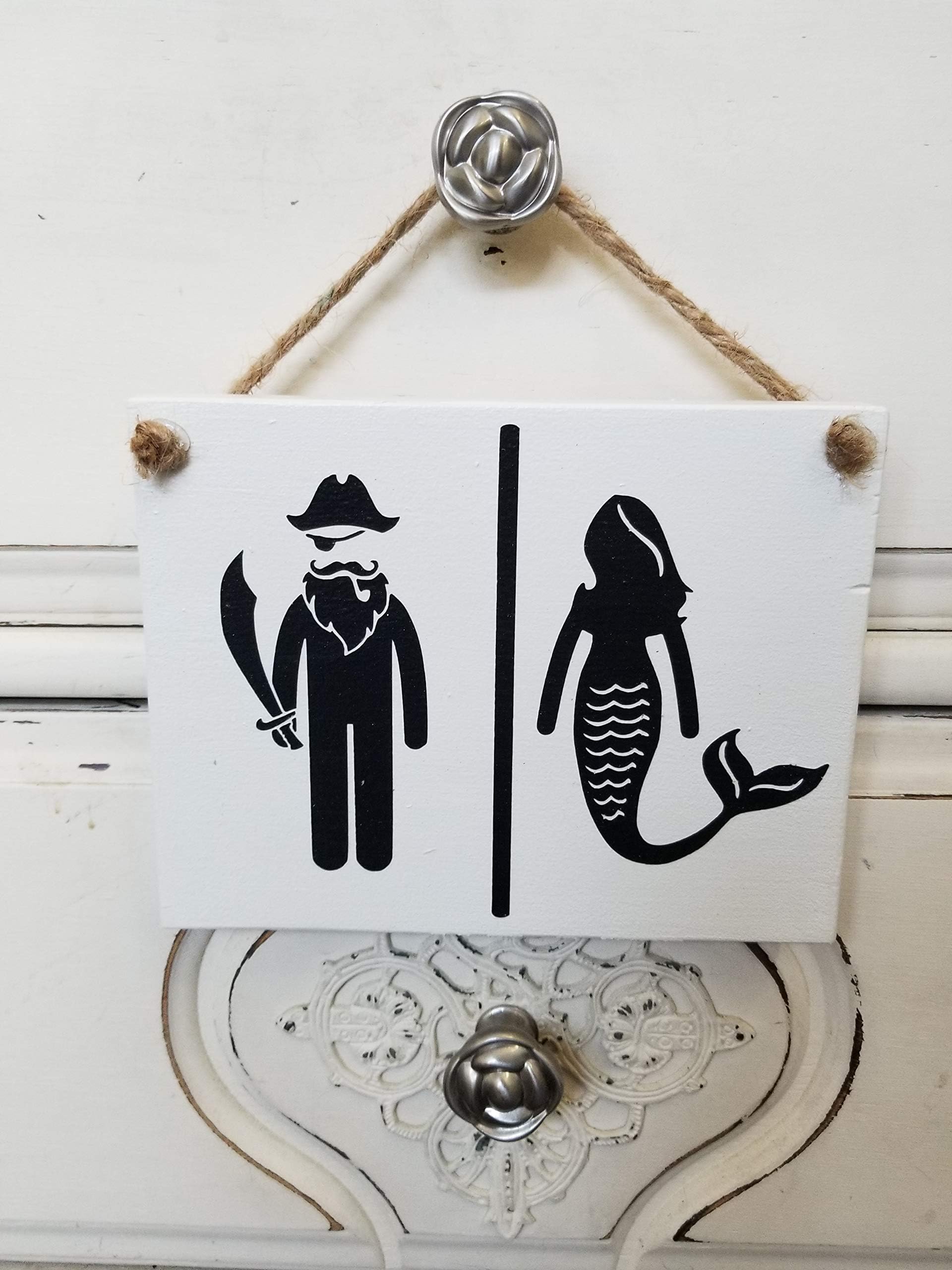 Nautical Bathroom Hanging Wood Sign By Sonoran Cottage Designs Pirate Mermaid 7" X 5.5"
