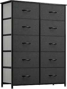 DWVO 10 Drawer Dresser - Fabric Storage Tower, Organizer Unit for Bedroom, Living Room, Hallway, Closets - Sturdy Steel Frame, Wooden Top & Easy Pull Fabric Bins