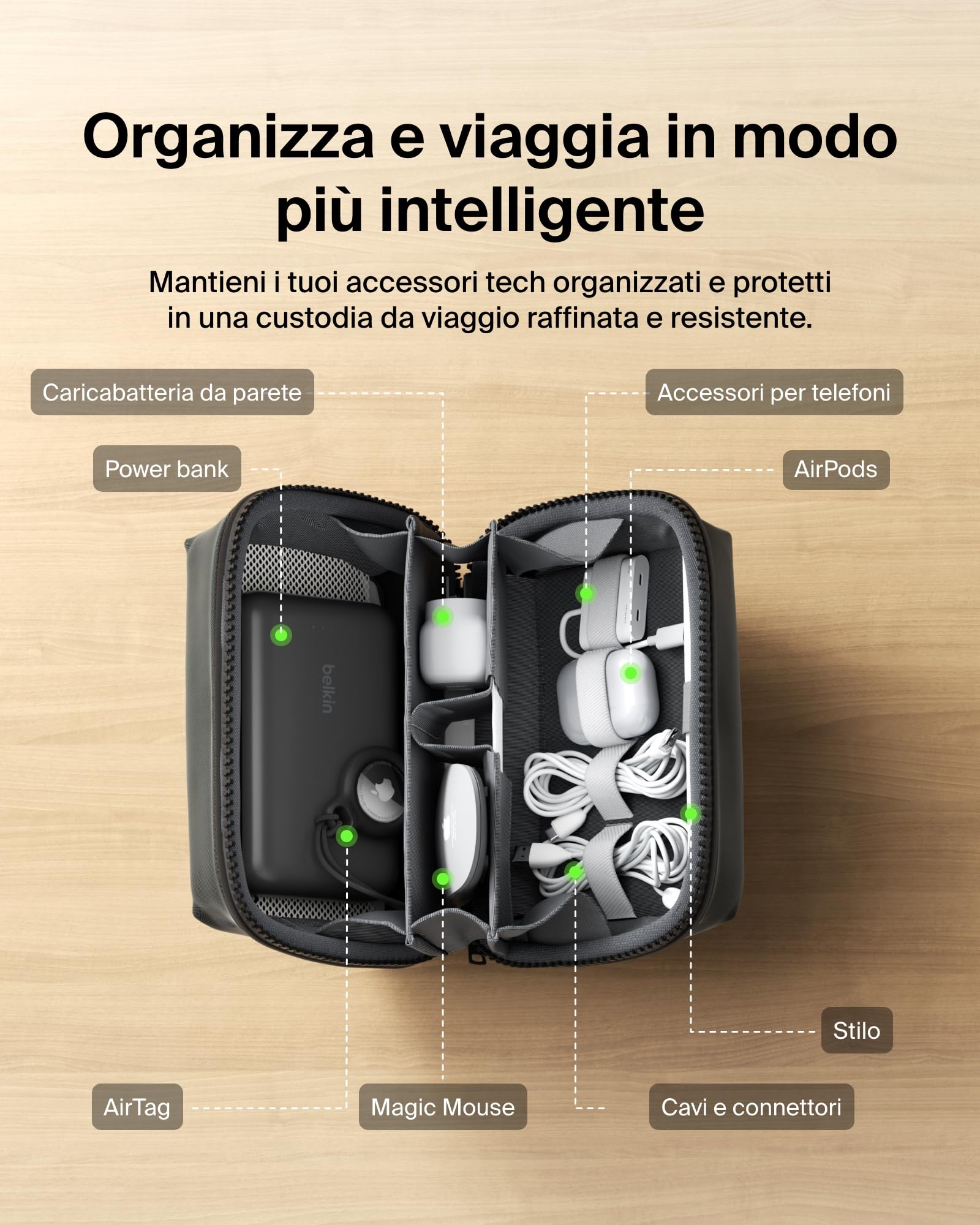 Belkin Borsa Organizer da Viaggio per Accessori Tech, Custodia da Viaggio per Gadget Come iPhone, Power Bank, Caricatori, Apple Pencil ed Airtag, ottimo per i Viaggi, Tessuto Morbido e Durevole