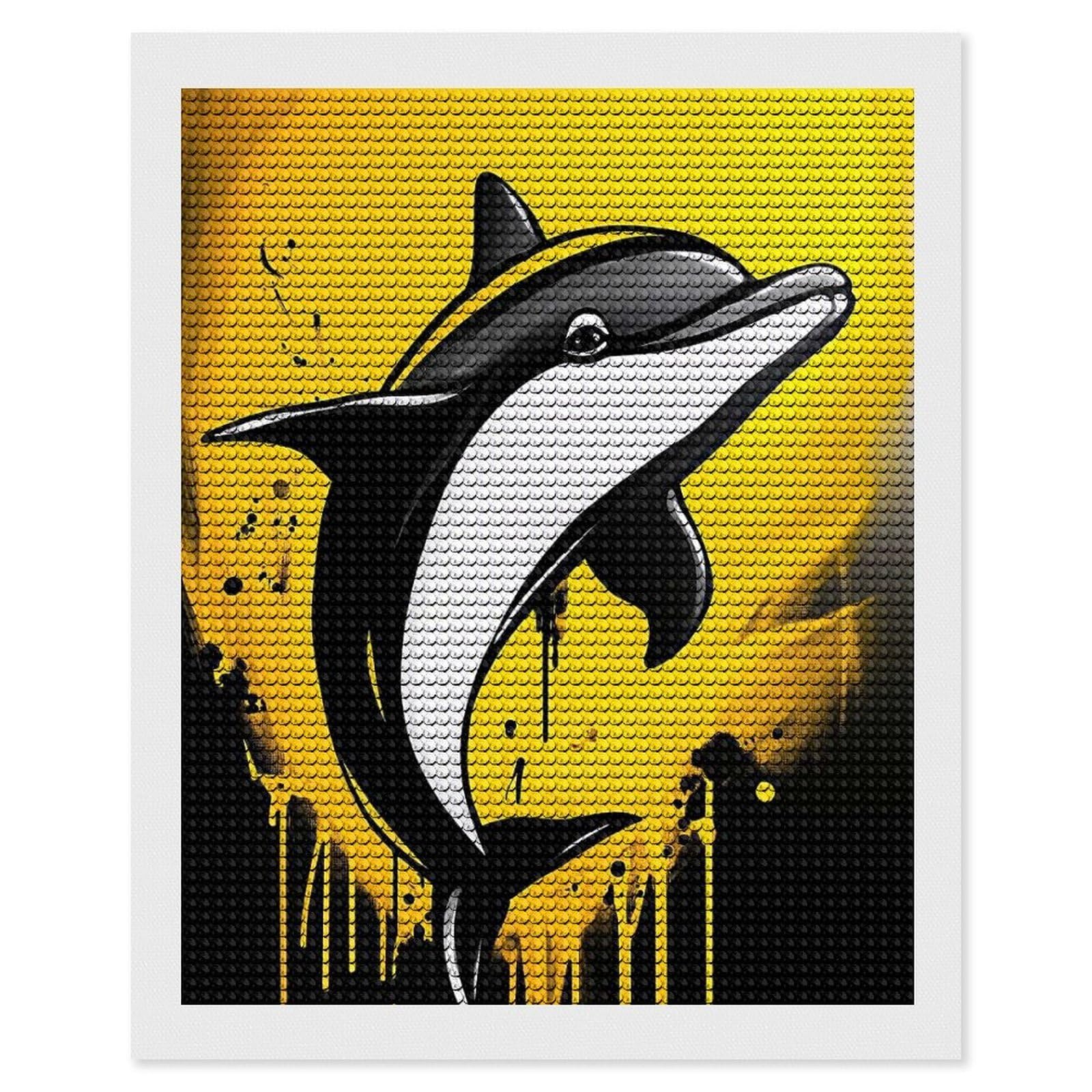 Junmoney Yellow Dolphin Art Diamond Painting Canvas Set 16"x20", Boho Decor, for Craft Lovers, Easy Handmade Project, Holiday Gift Idea