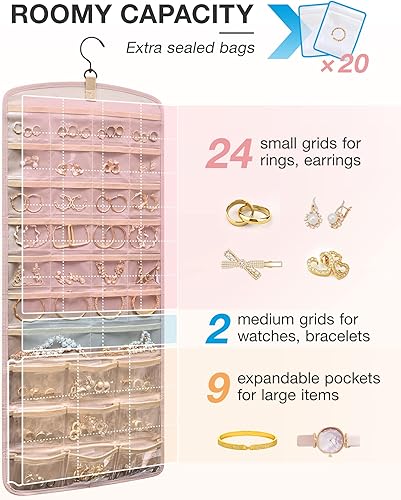 Miniatura 3 de BAGSMART Organizador Colgante de Joyas, Soporte para Collares Anti-enredo para Aretes y Anillos con 20 Bolsas de Joyería, Rollo de Almacenamiento de