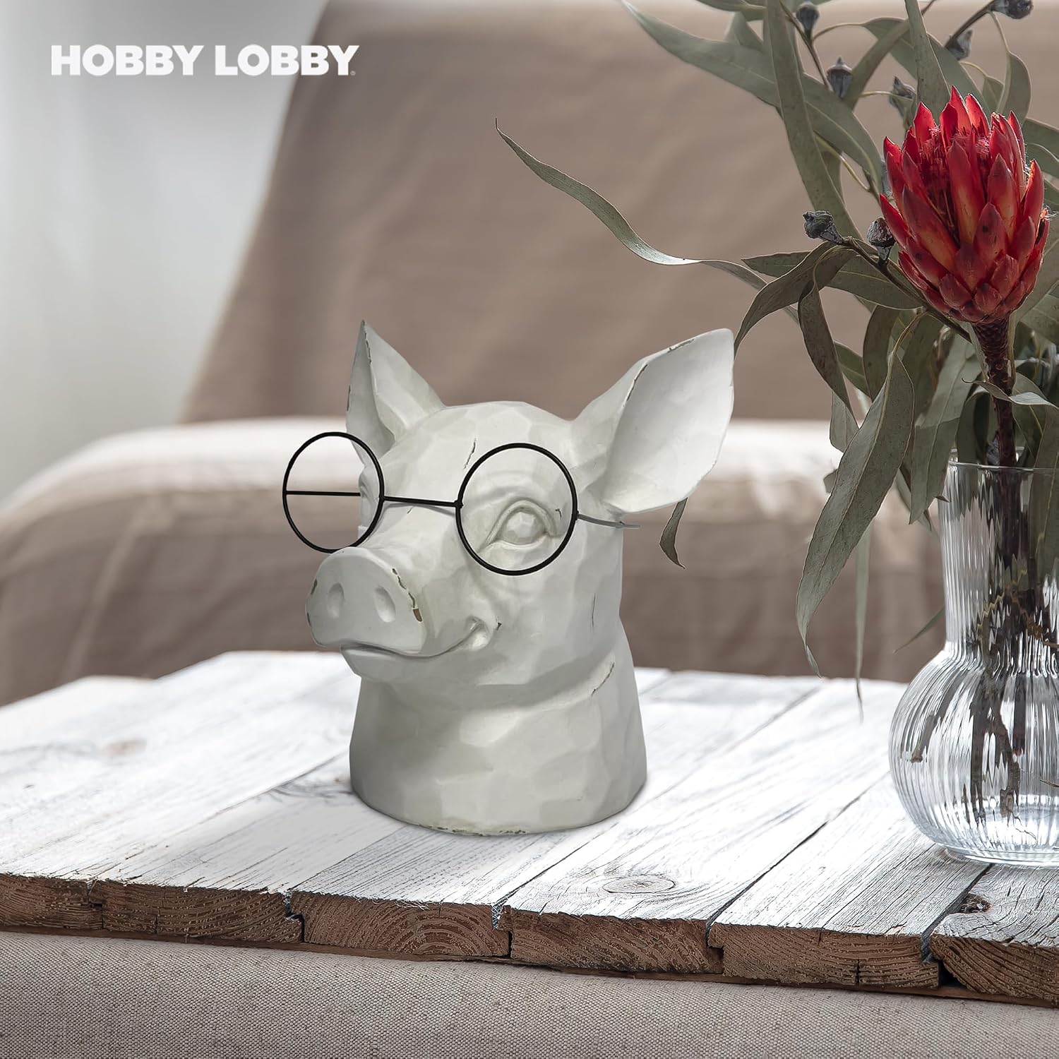 Hobby Lobby Resin & Metal Animal Sculpture, Distressed Faux Taxidermy, Office, Western Themed, Man Cave, Desk & More (Pig/Glasses)